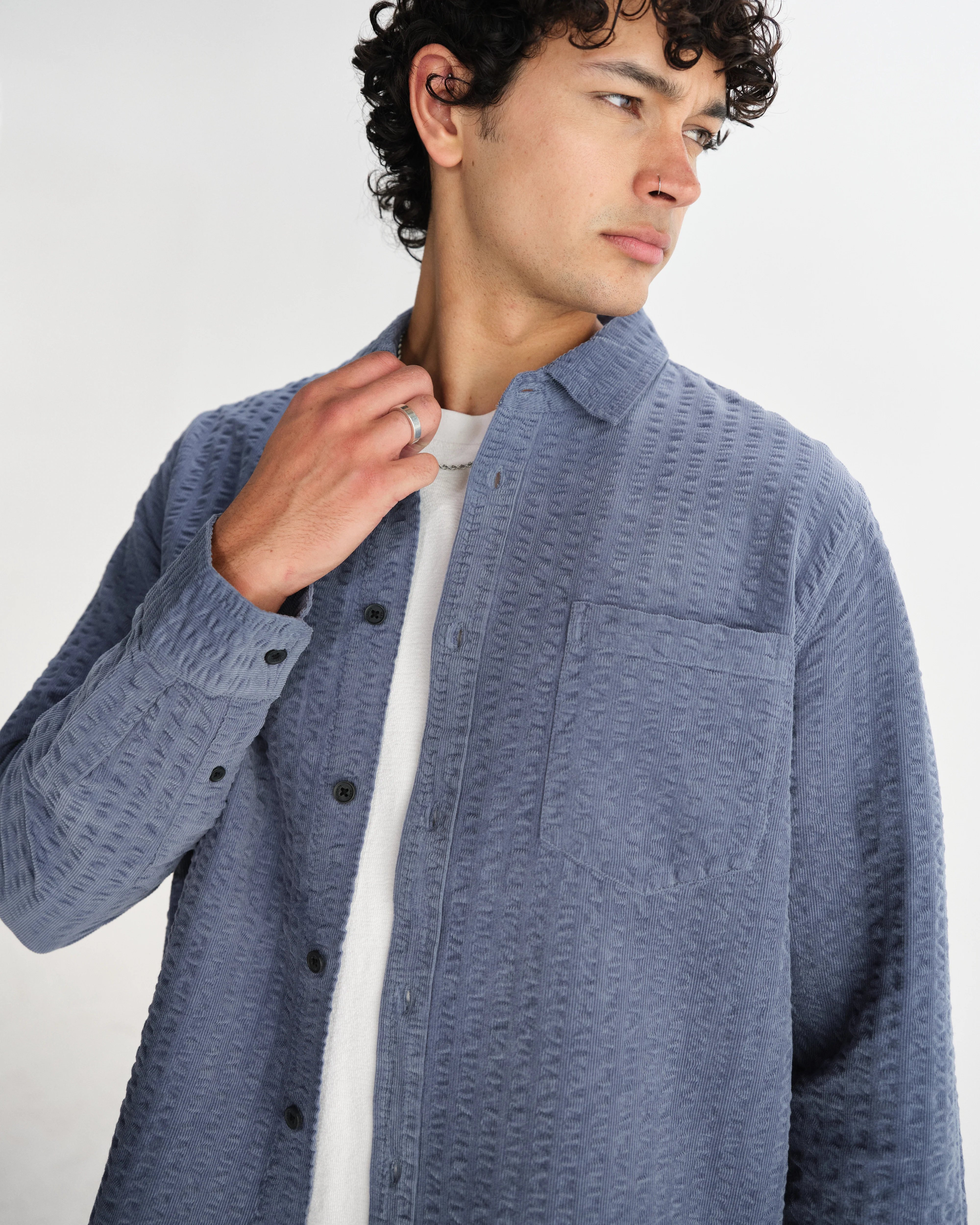 Shelly - Blue Seersucker Corduroy Shirt - Image 3