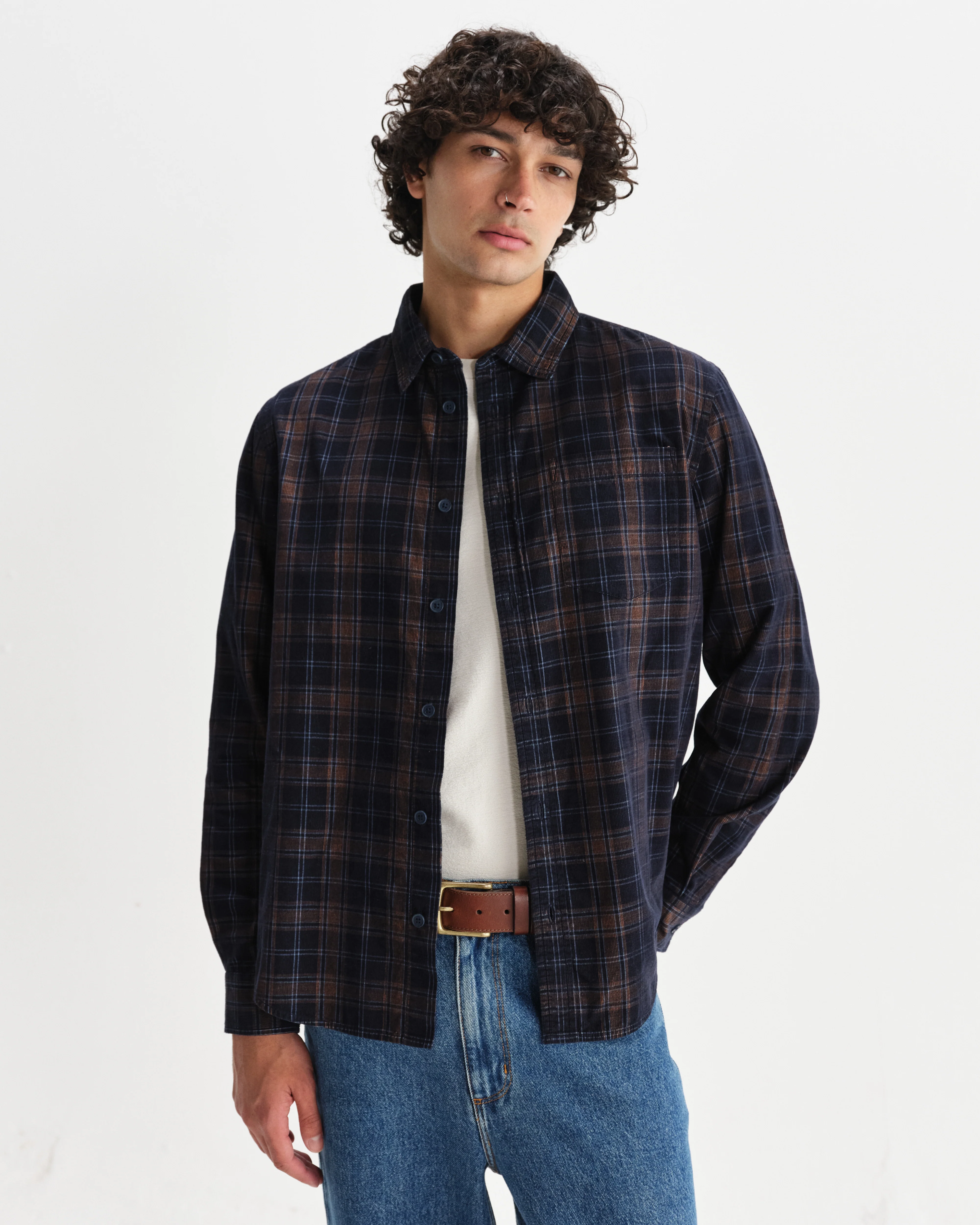 Shelly - Navy And Multicolour Check Corduroy Shirt - Image 2