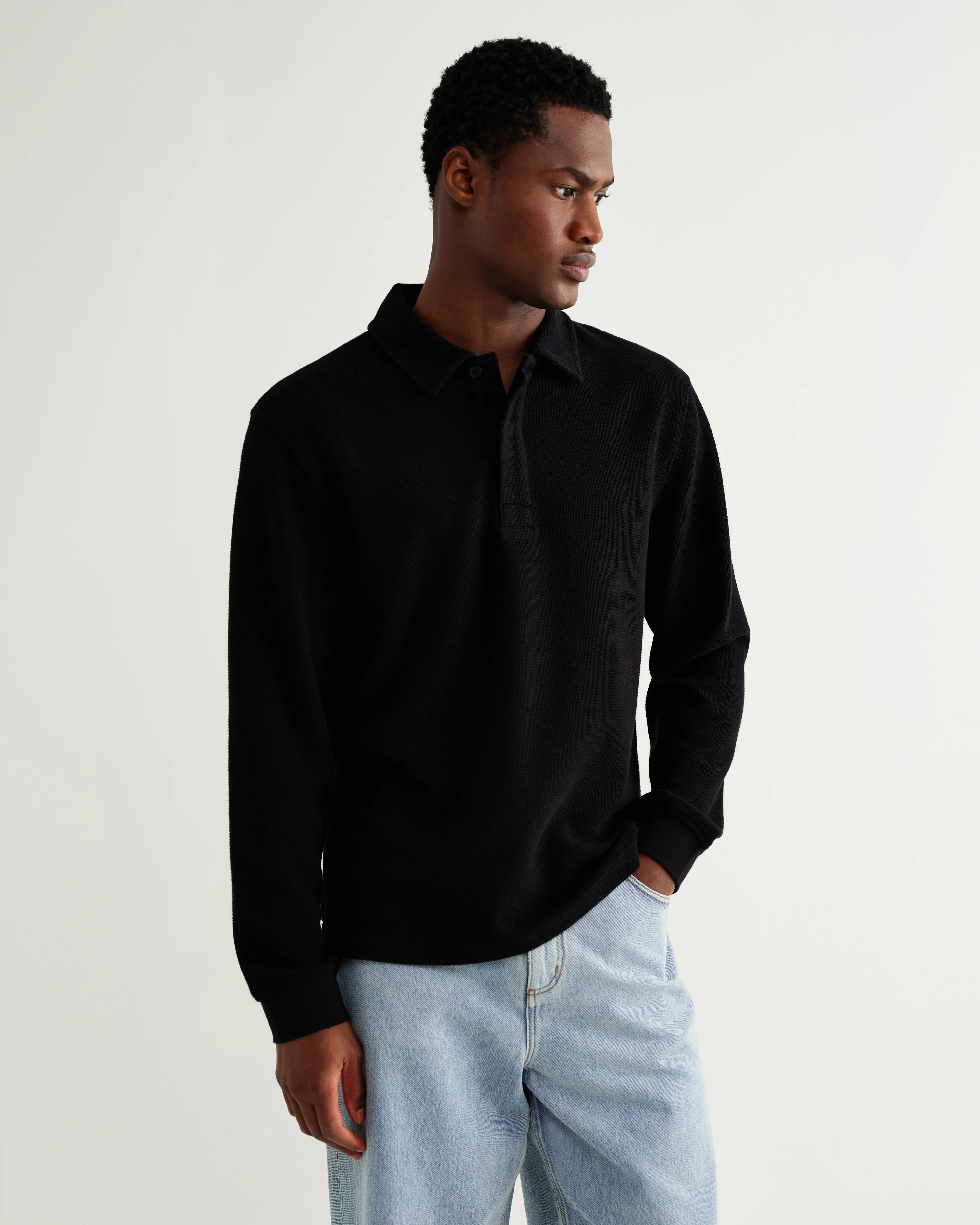 Shore - Black Textured Long-Sleeve Polo Shirt - Image 2