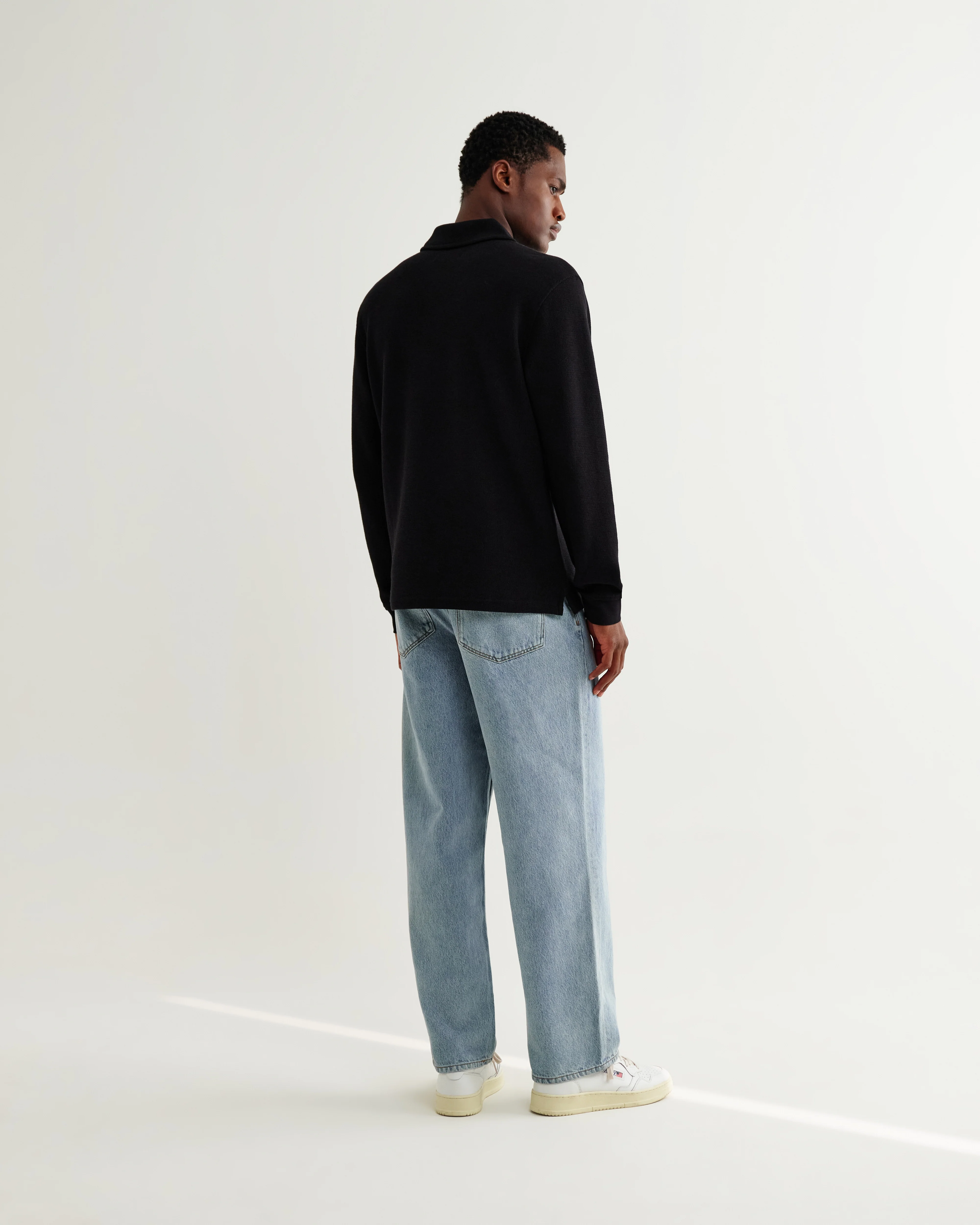 Shore - Black Textured Long-Sleeve Polo Shirt - Image 5