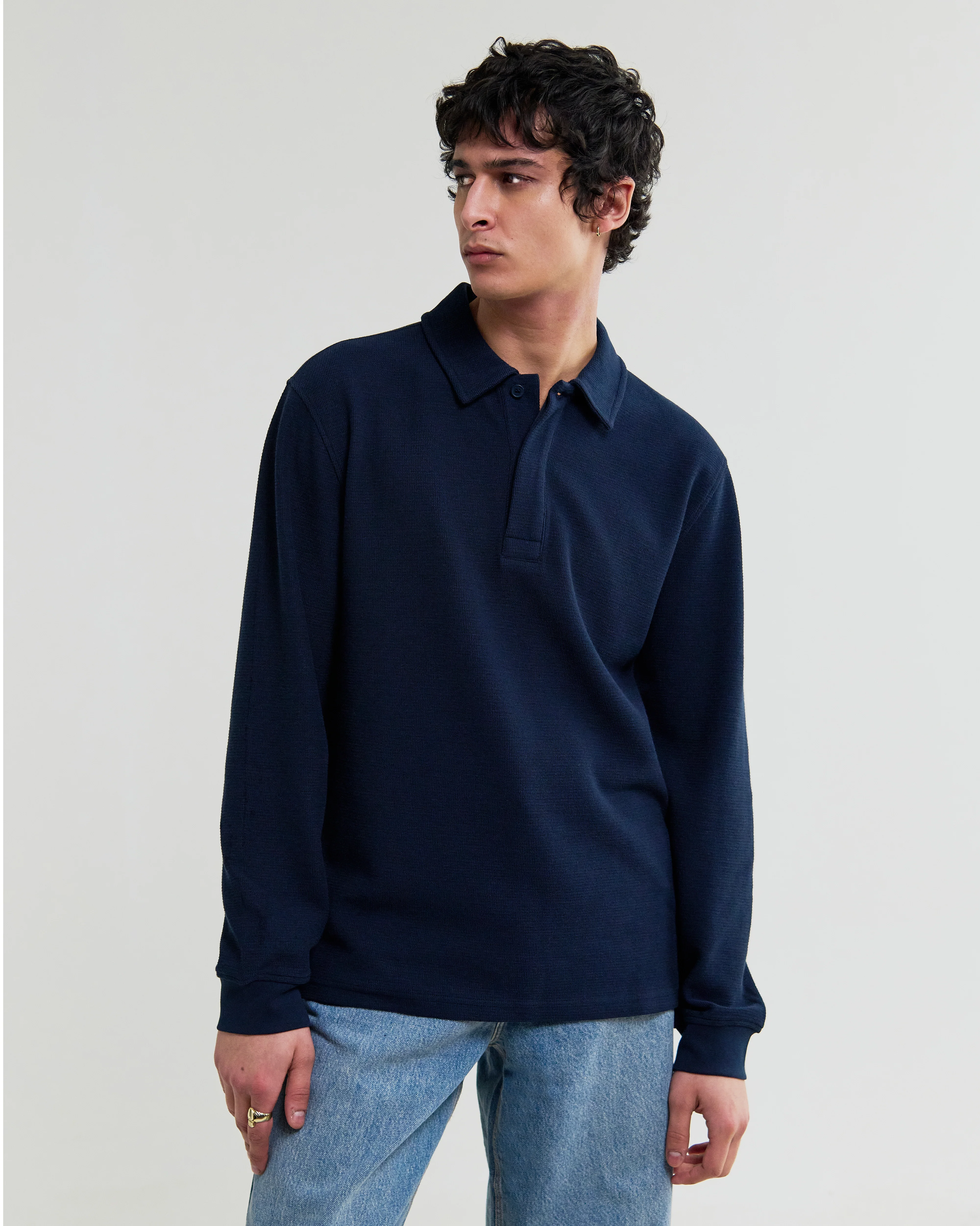 Shore - Navy Textured Long-Sleeve Polo Shirt - Image 2