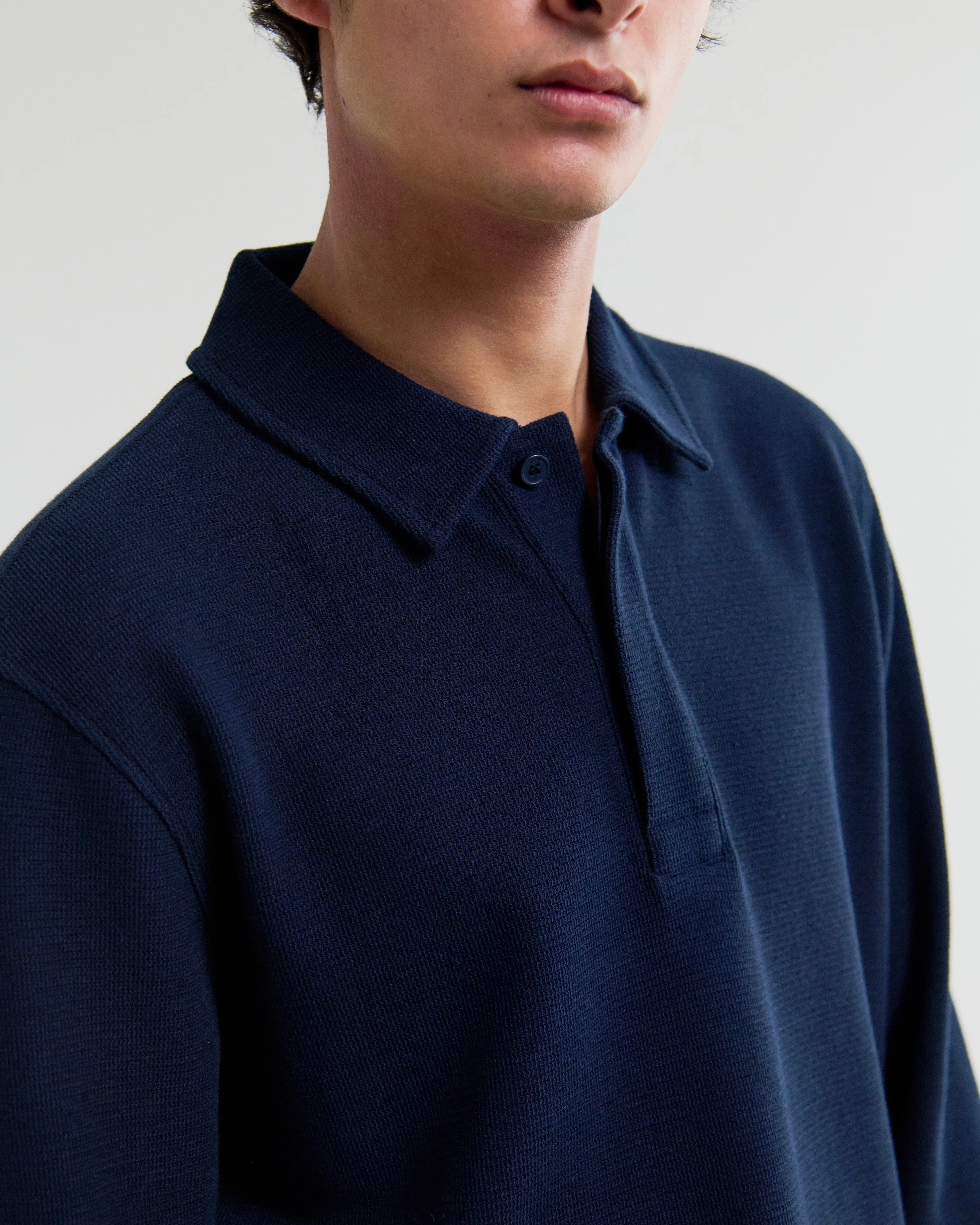 Shore - Navy Textured Long-Sleeve Polo Shirt - Image 3