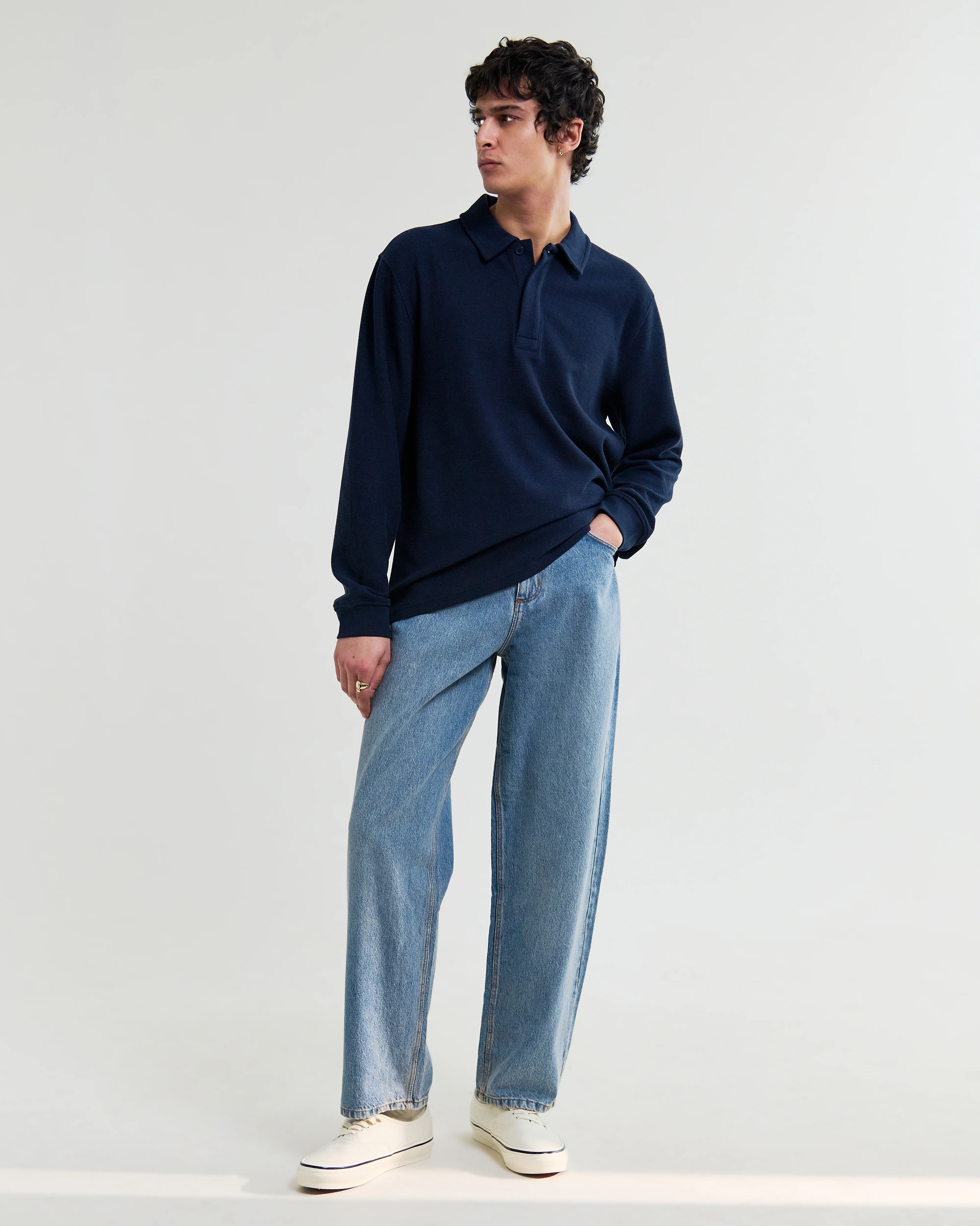 Shore - Navy Textured Long-Sleeve Polo Shirt - Image 4