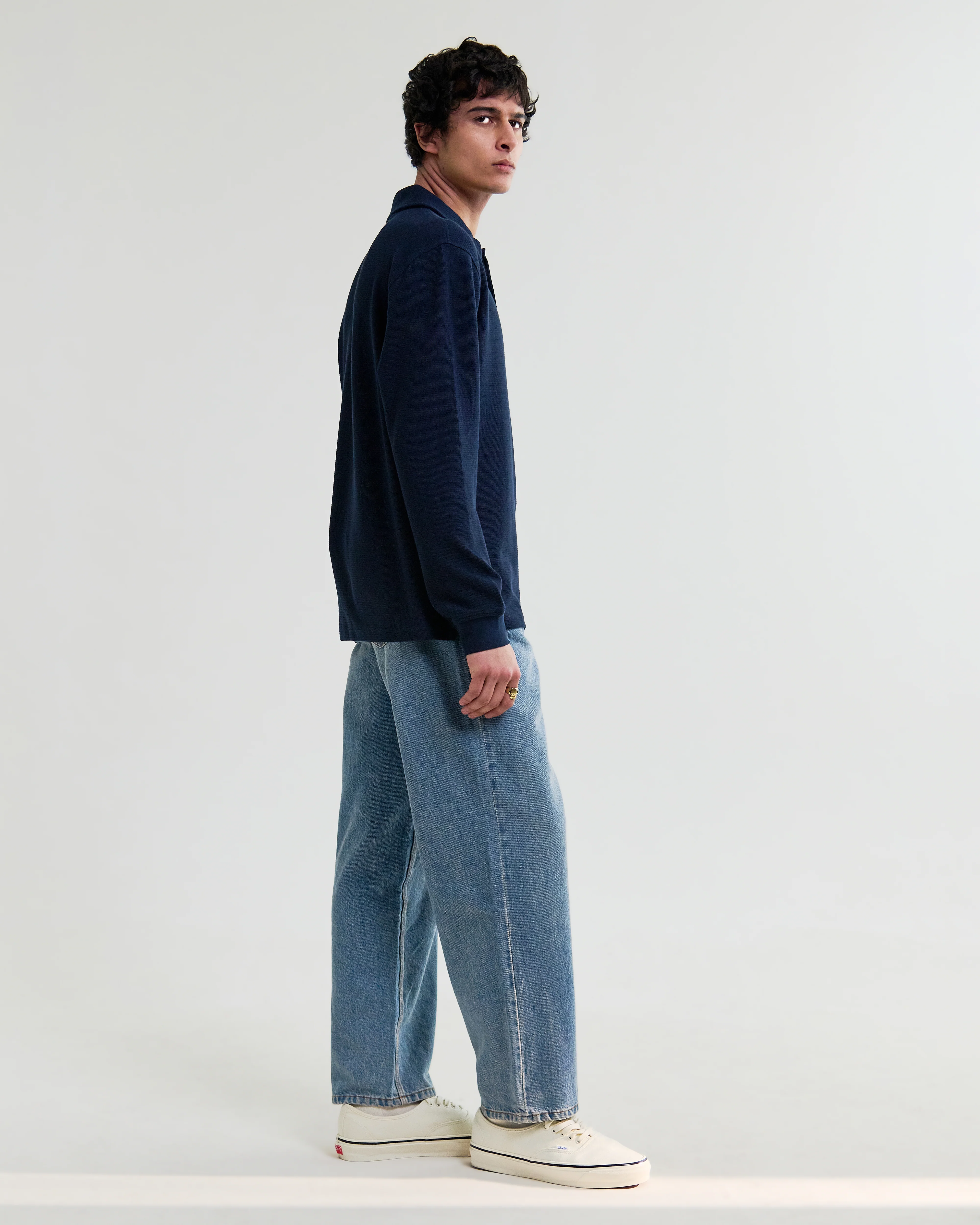 Shore - Navy Textured Long-Sleeve Polo Shirt - Image 5