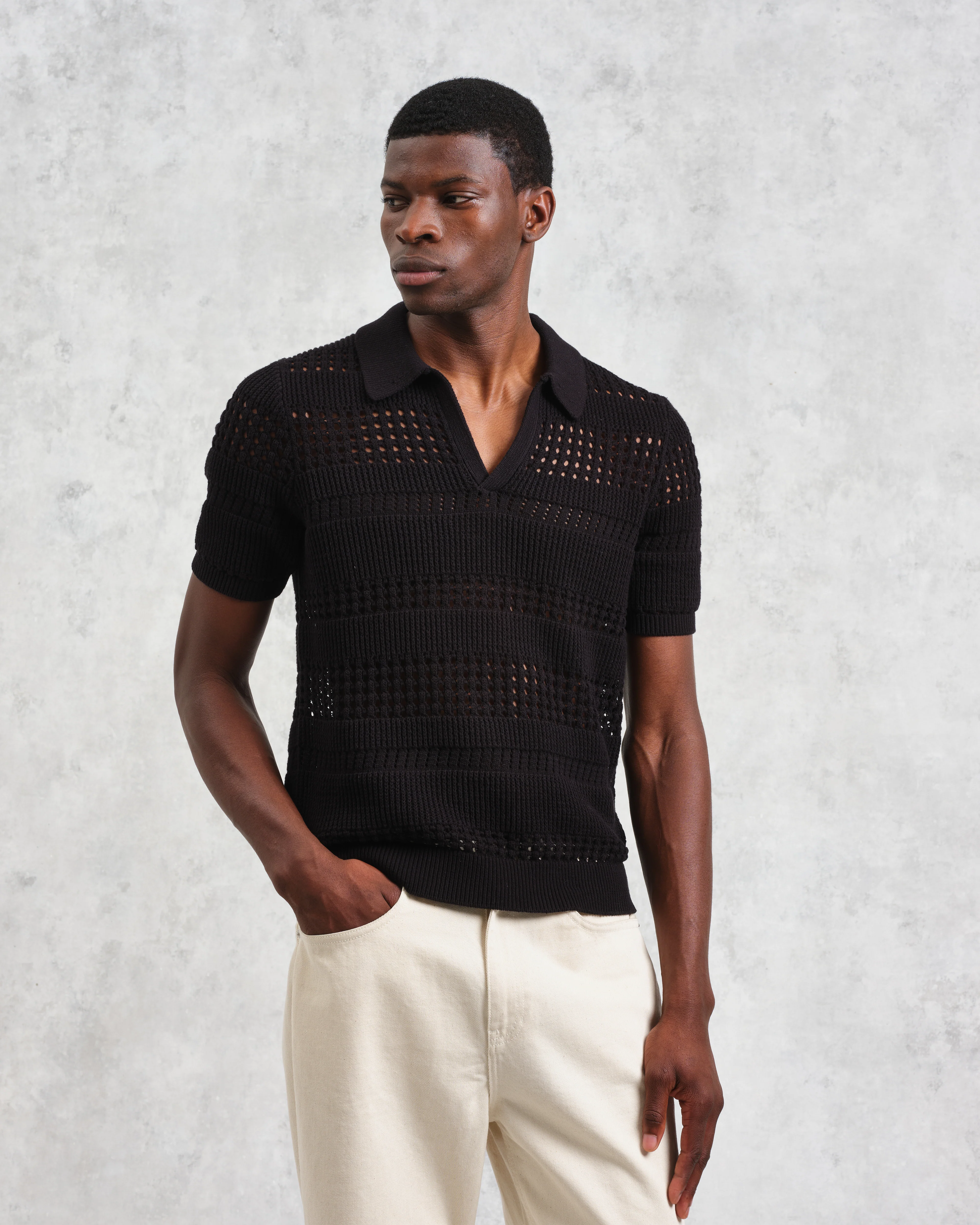 Siena - Black Pointelle Knitted Polo - Image 2