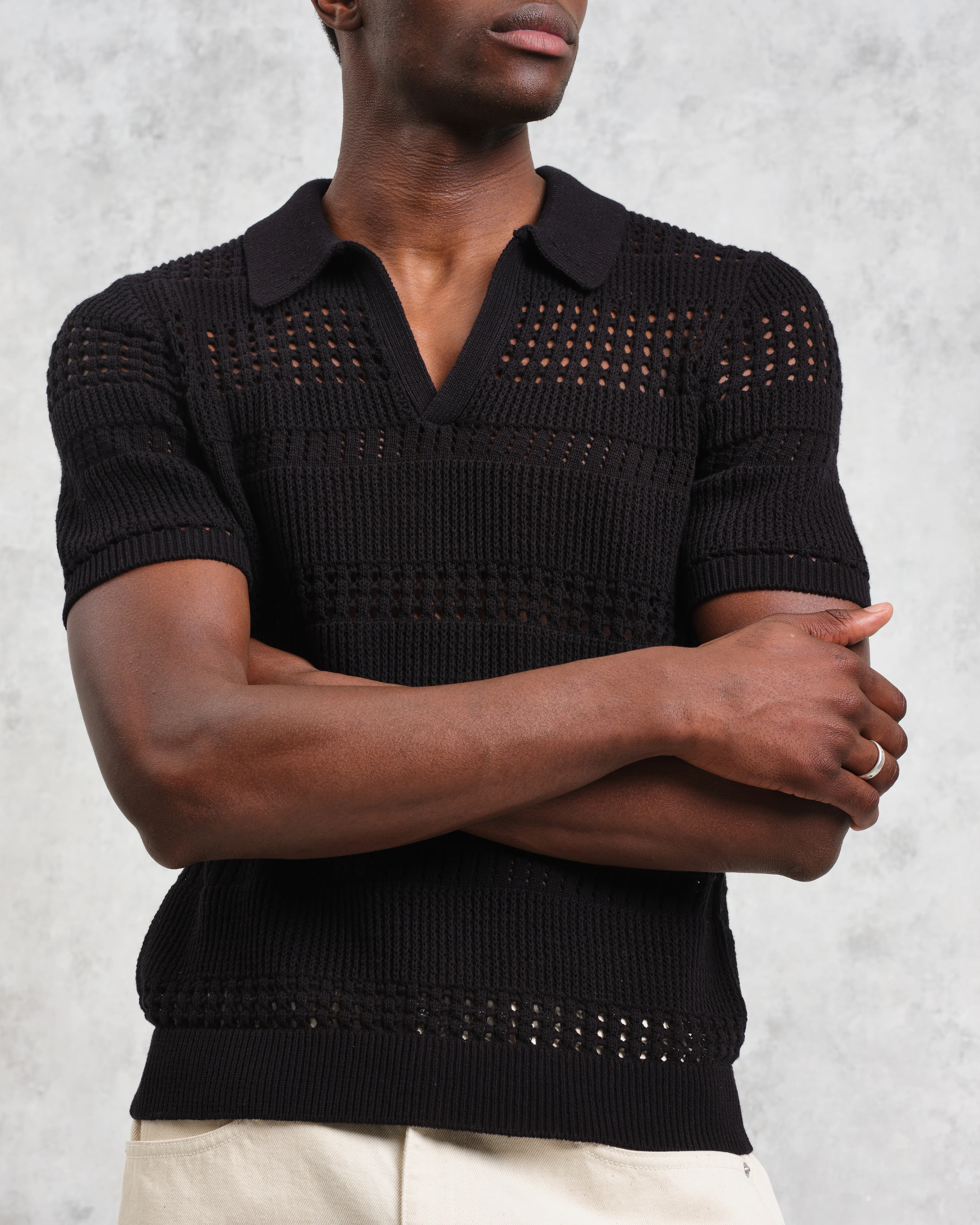 Siena - Black Pointelle Knitted Polo - Image 3