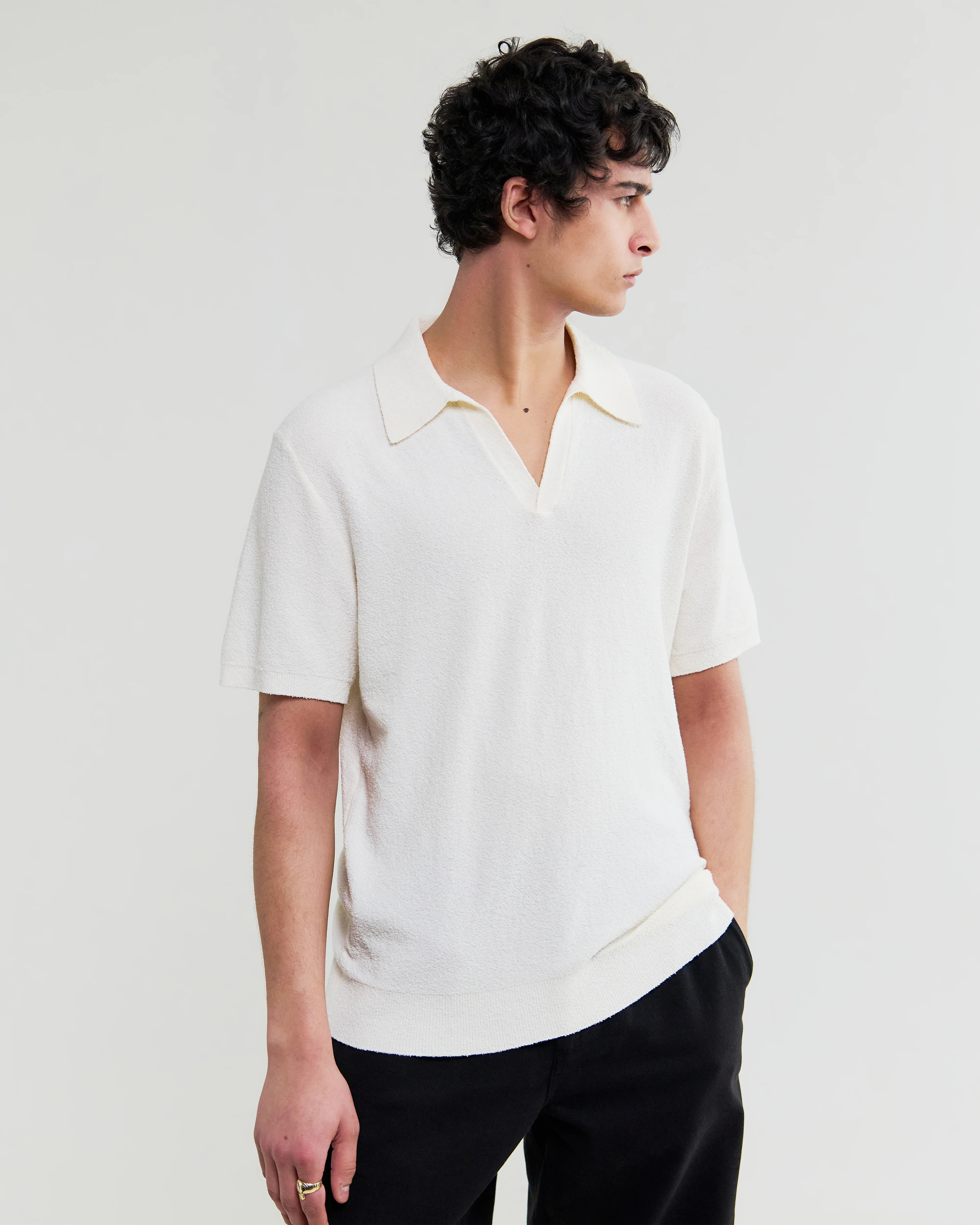 Siena - Ecru Boucle Knitted Polo Shirt - Image 2