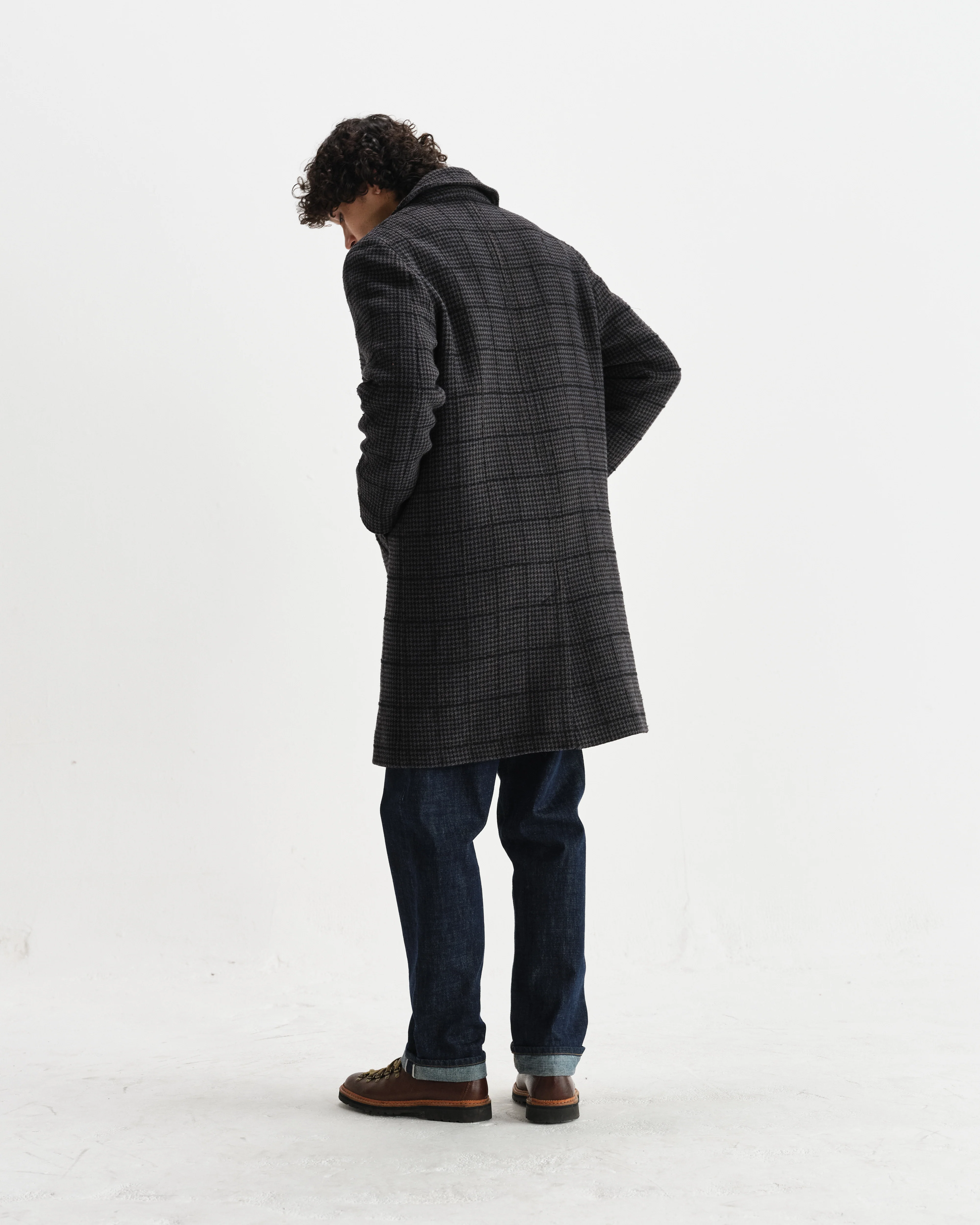 Stan - Navy And Grey Puppytooth Check Wool Car Coat - Image 6