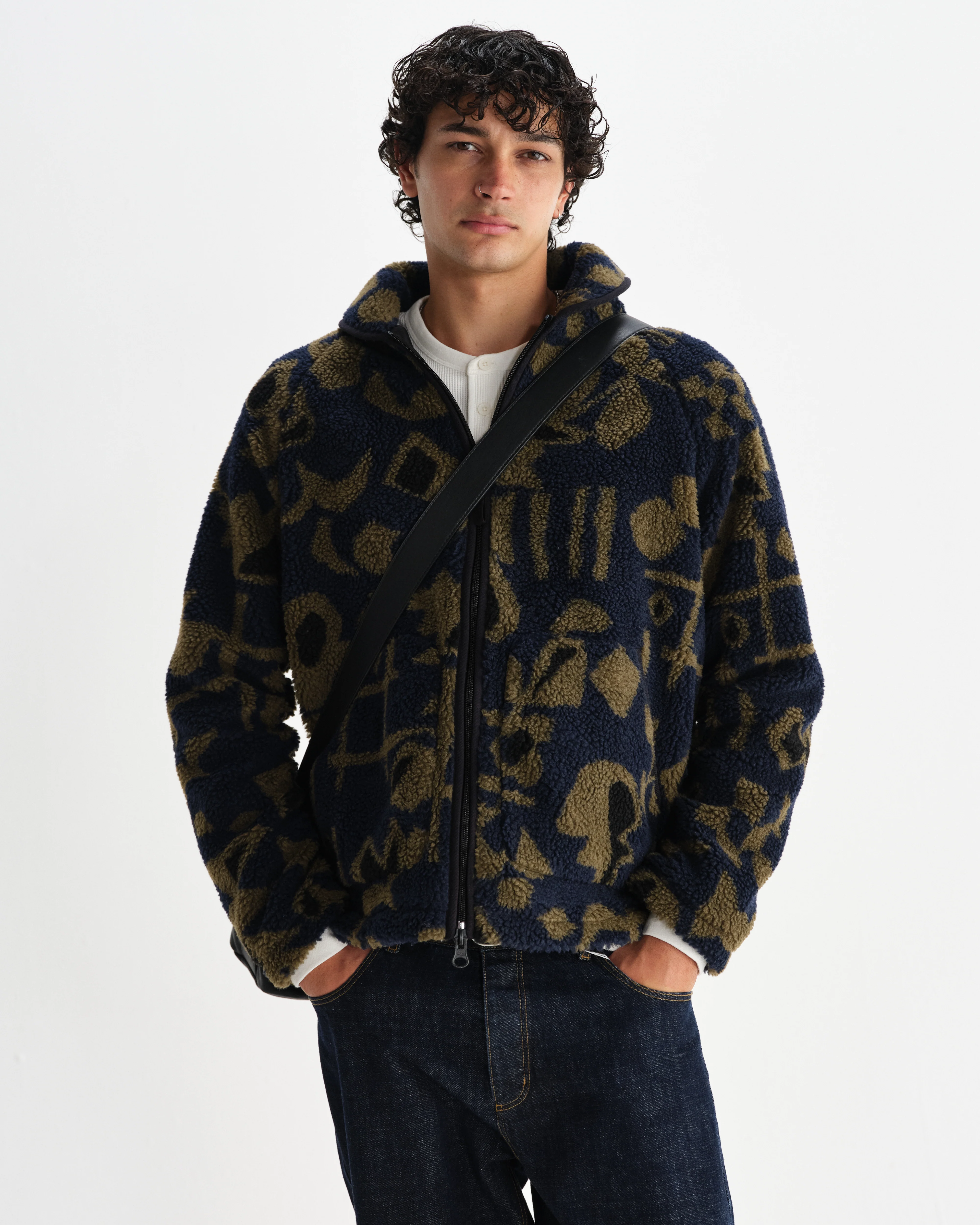 Tate - Navy And Khaki Shapes Jacquard Fleece Jacket - Image 2