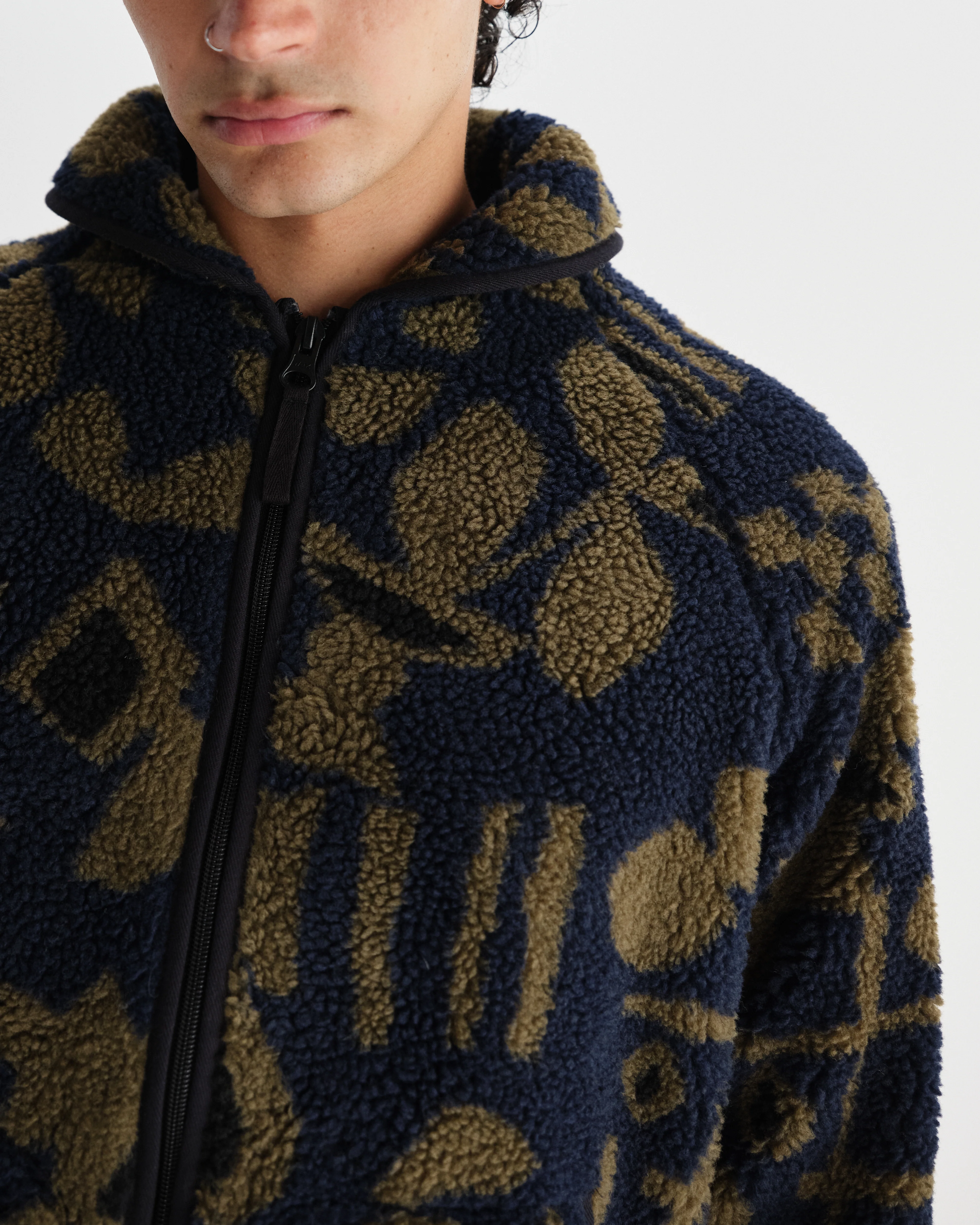 Tate - Navy And Khaki Shapes Jacquard Fleece Jacket - Image 3