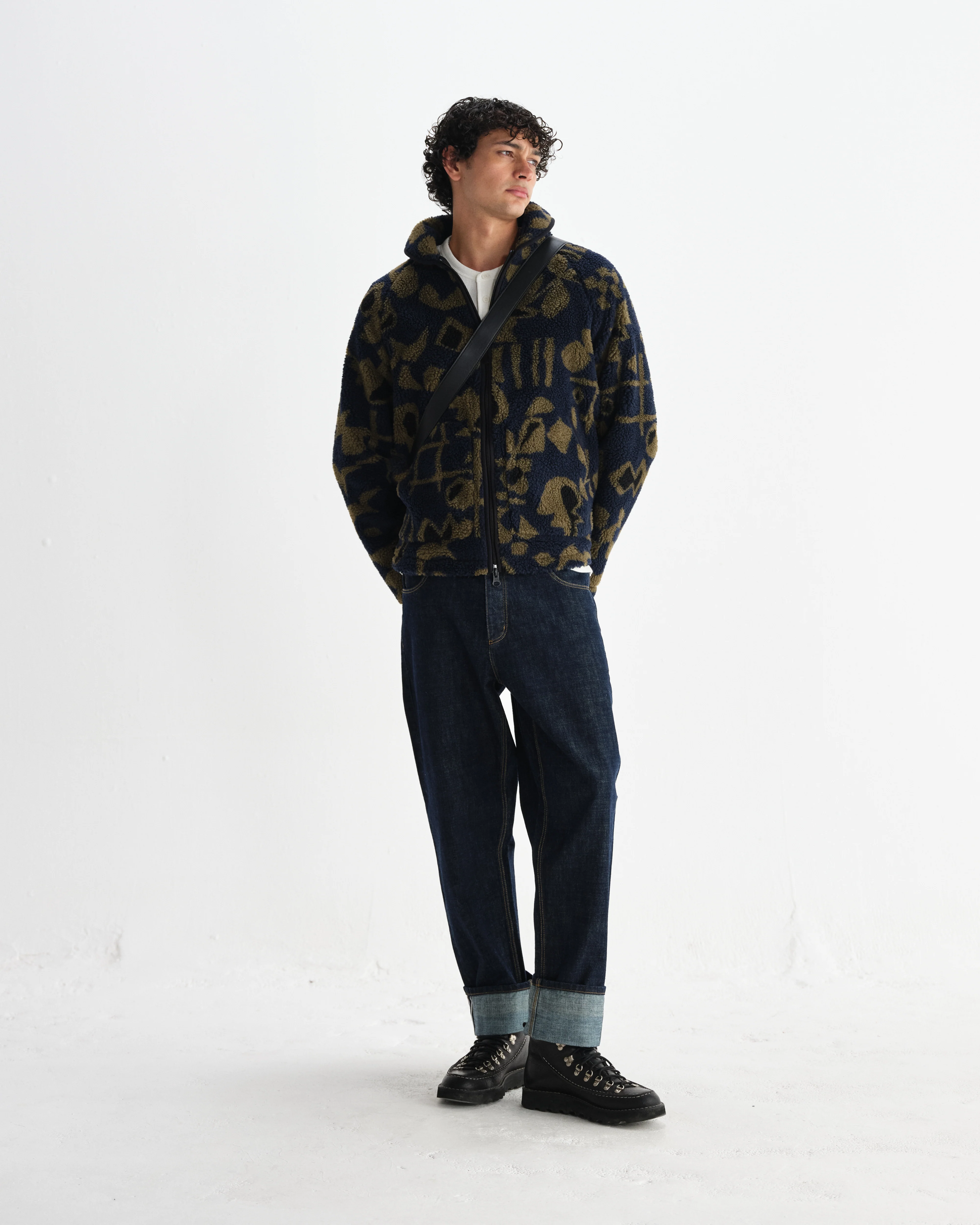 Tate - Navy And Khaki Shapes Jacquard Fleece Jacket - Image 4