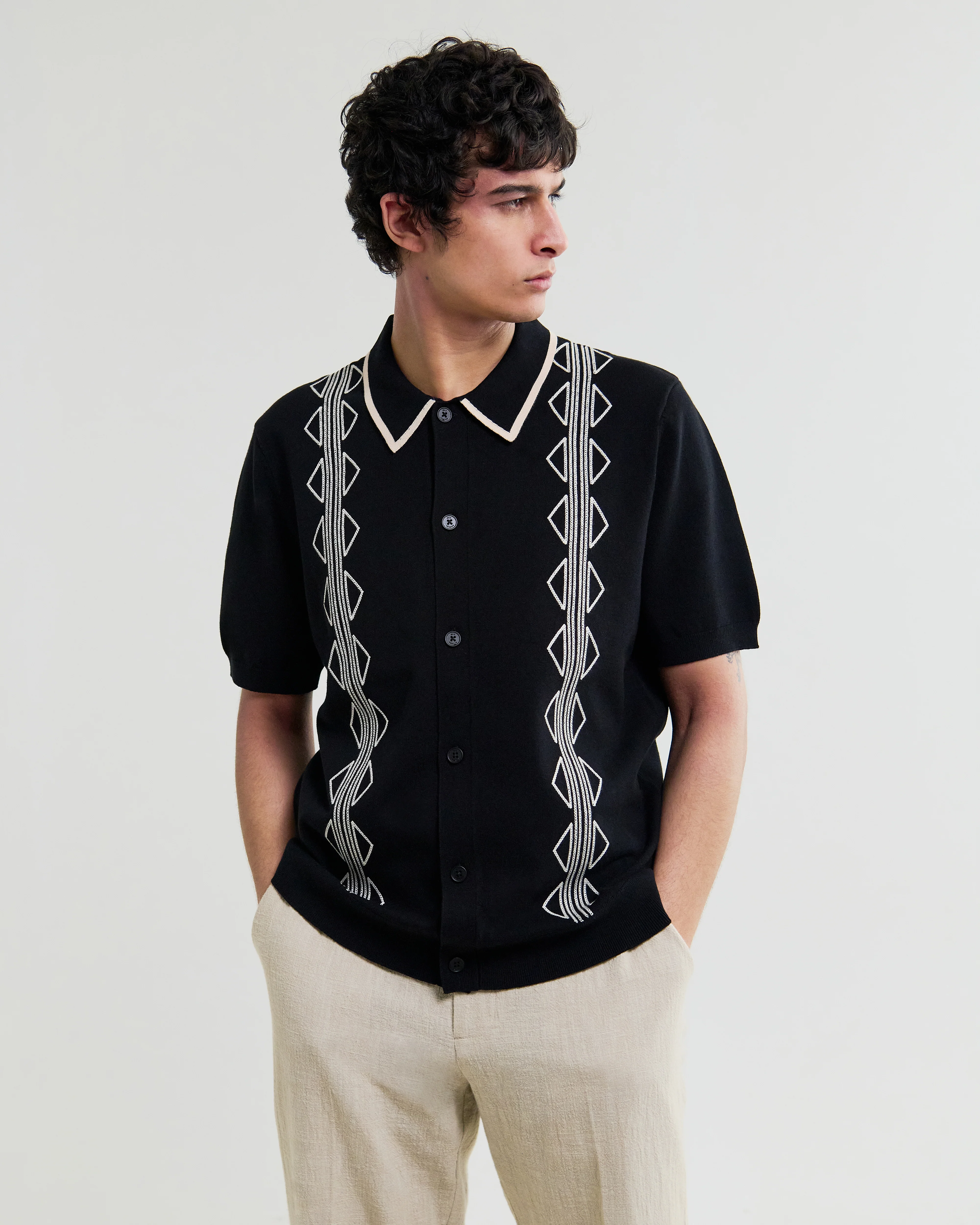 Tellaro - Black And Ecru Retro Embroidered Shirt - Image 2