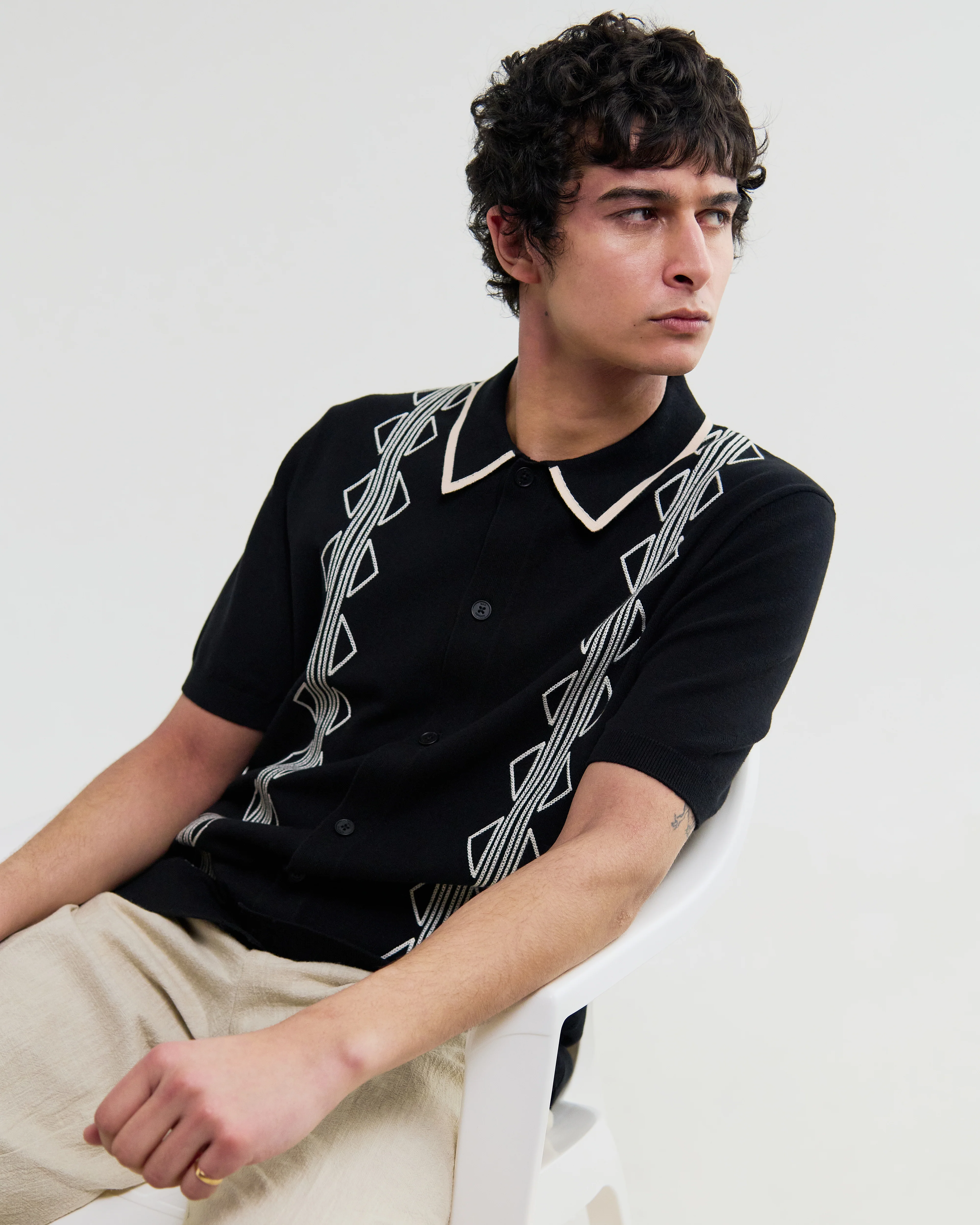 Tellaro - Black And Ecru Retro Embroidered Shirt - Image 4