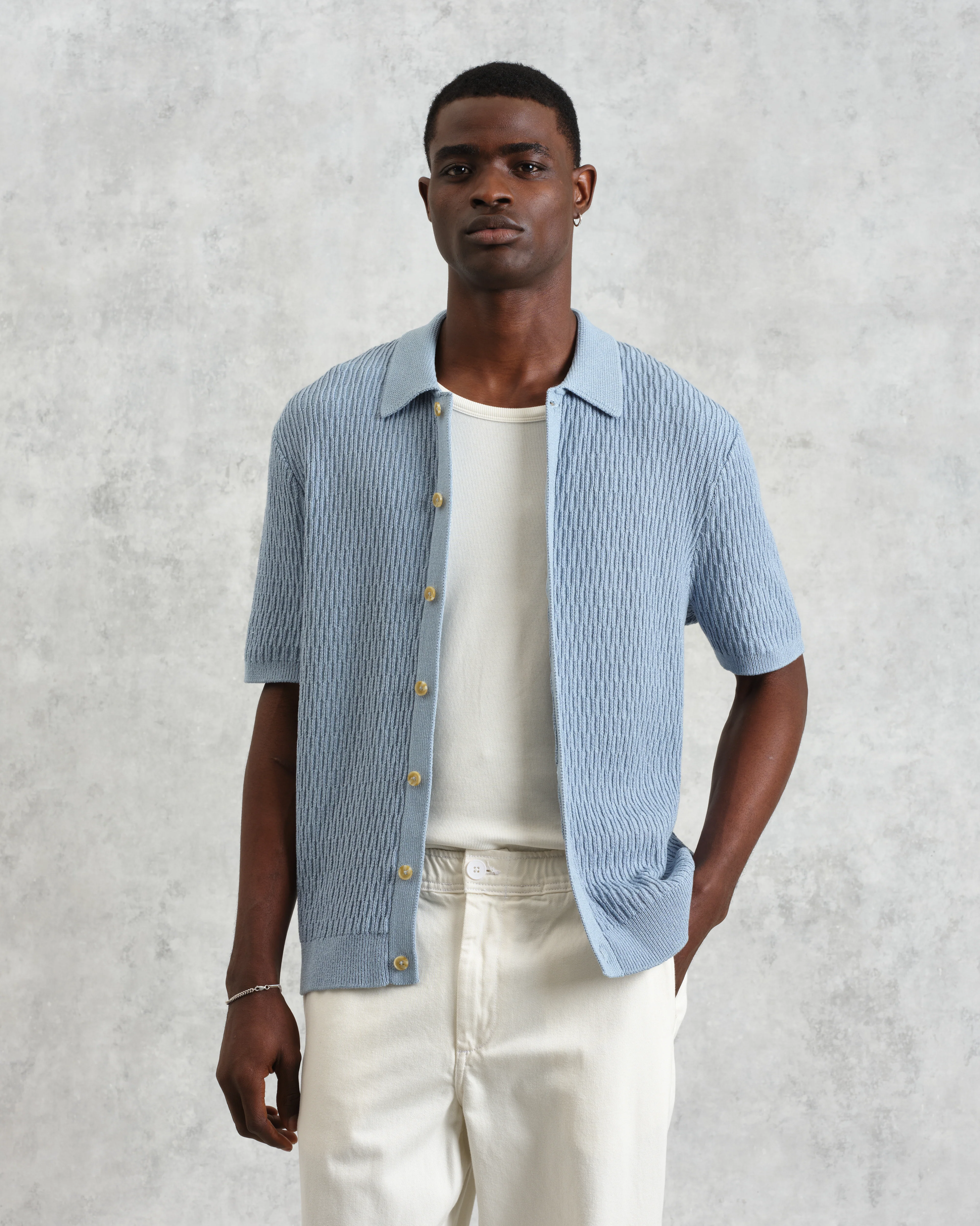 Tellaro - Blue Honeycomb Knitted Cotton Polo Shirt - Image 2