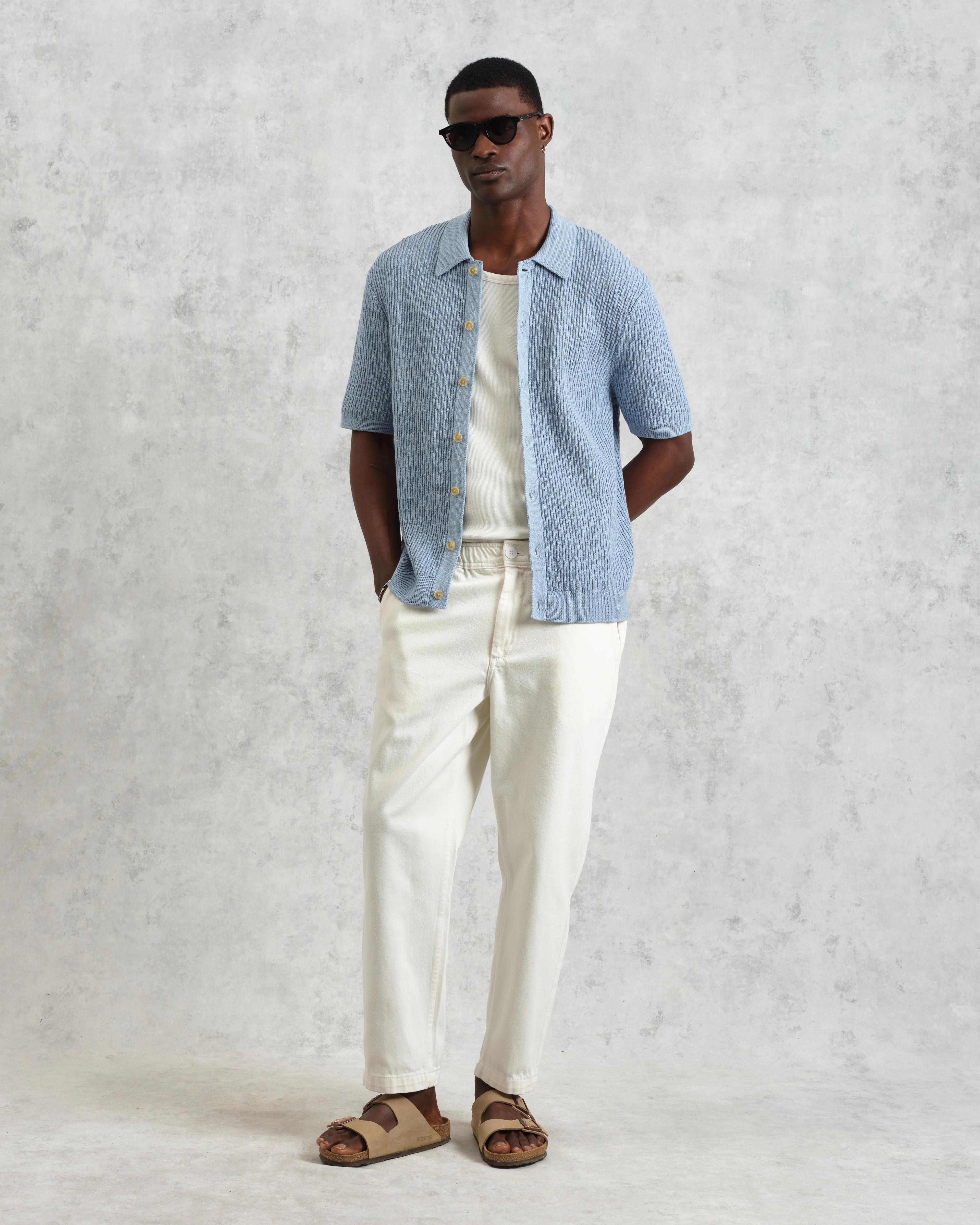Tellaro - Blue Honeycomb Knitted Cotton Polo Shirt - Image 4