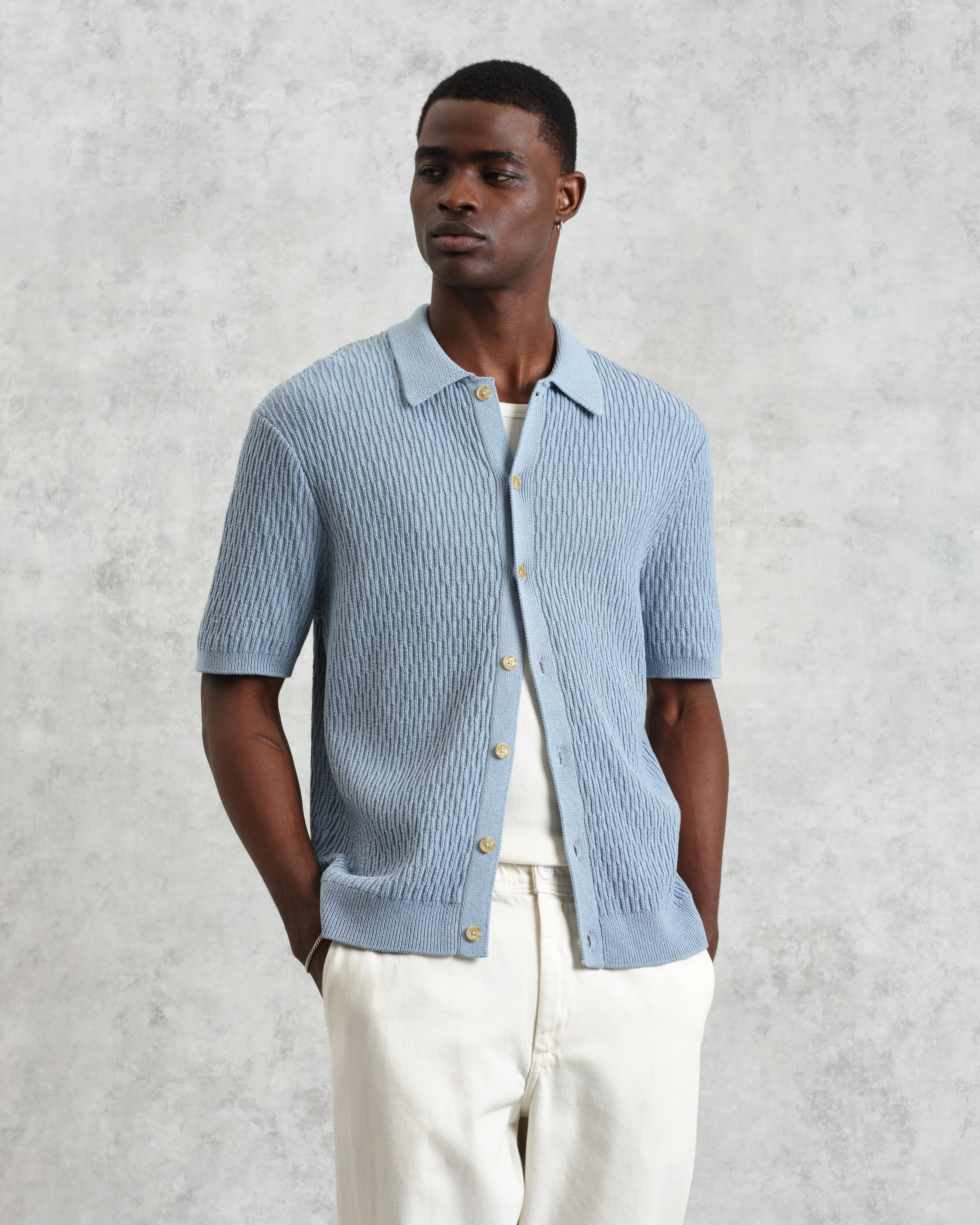 Tellaro - Blue Honeycomb Knitted Cotton Polo Shirt - Image 5