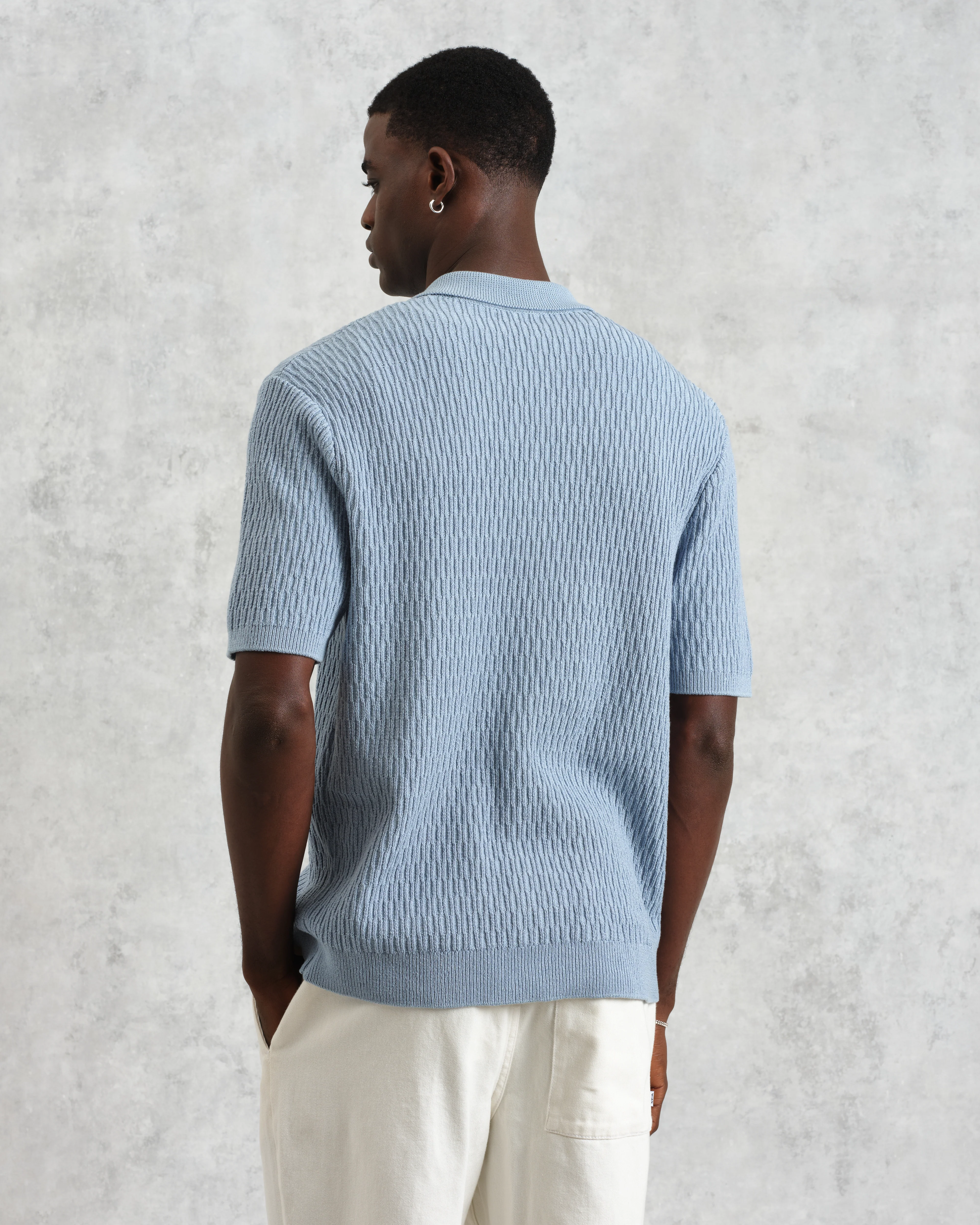 Tellaro - Blue Honeycomb Knitted Cotton Polo Shirt - Image 7