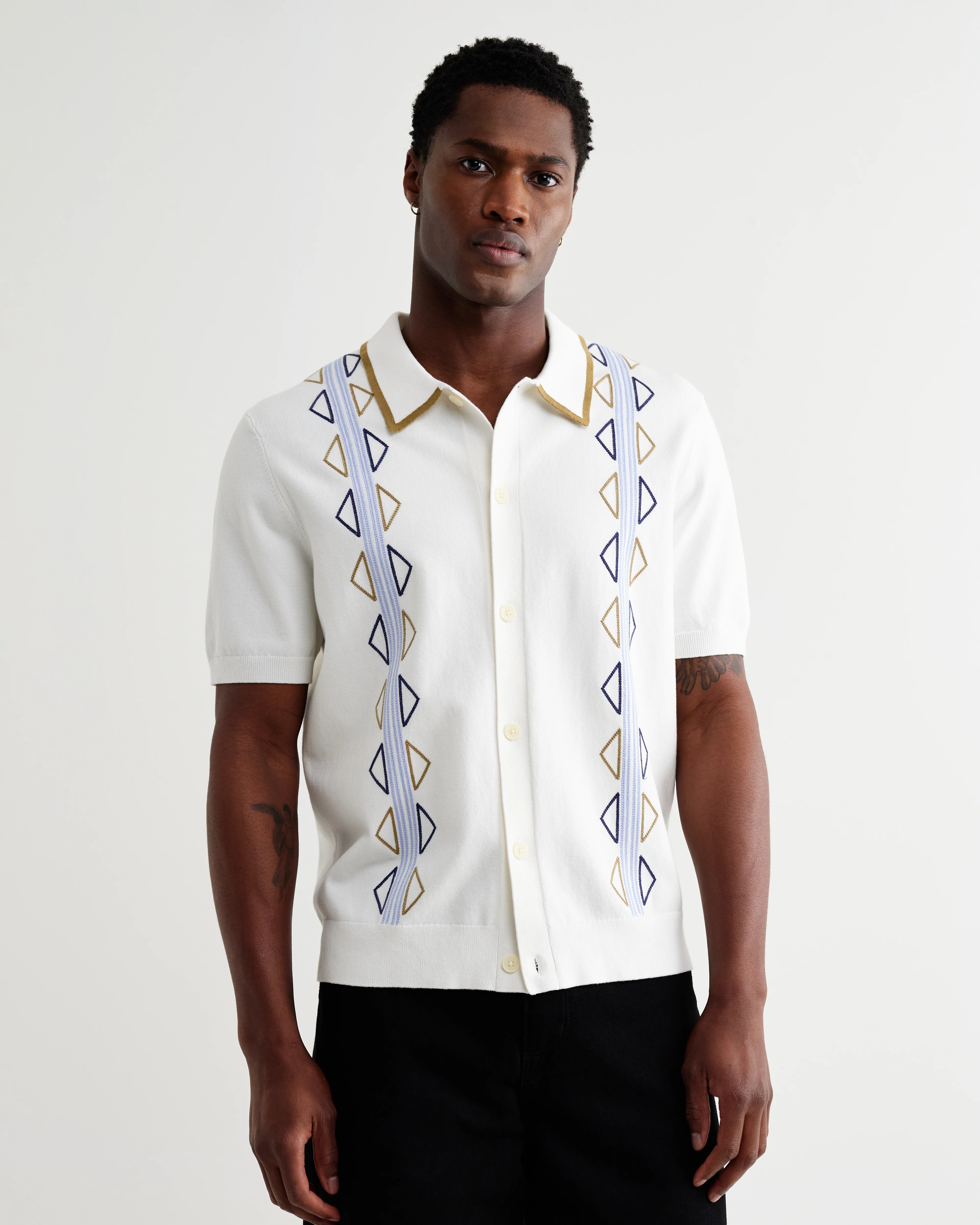 Tellaro - Ecru And Blue Retro Embroidered Shirt - Image 4