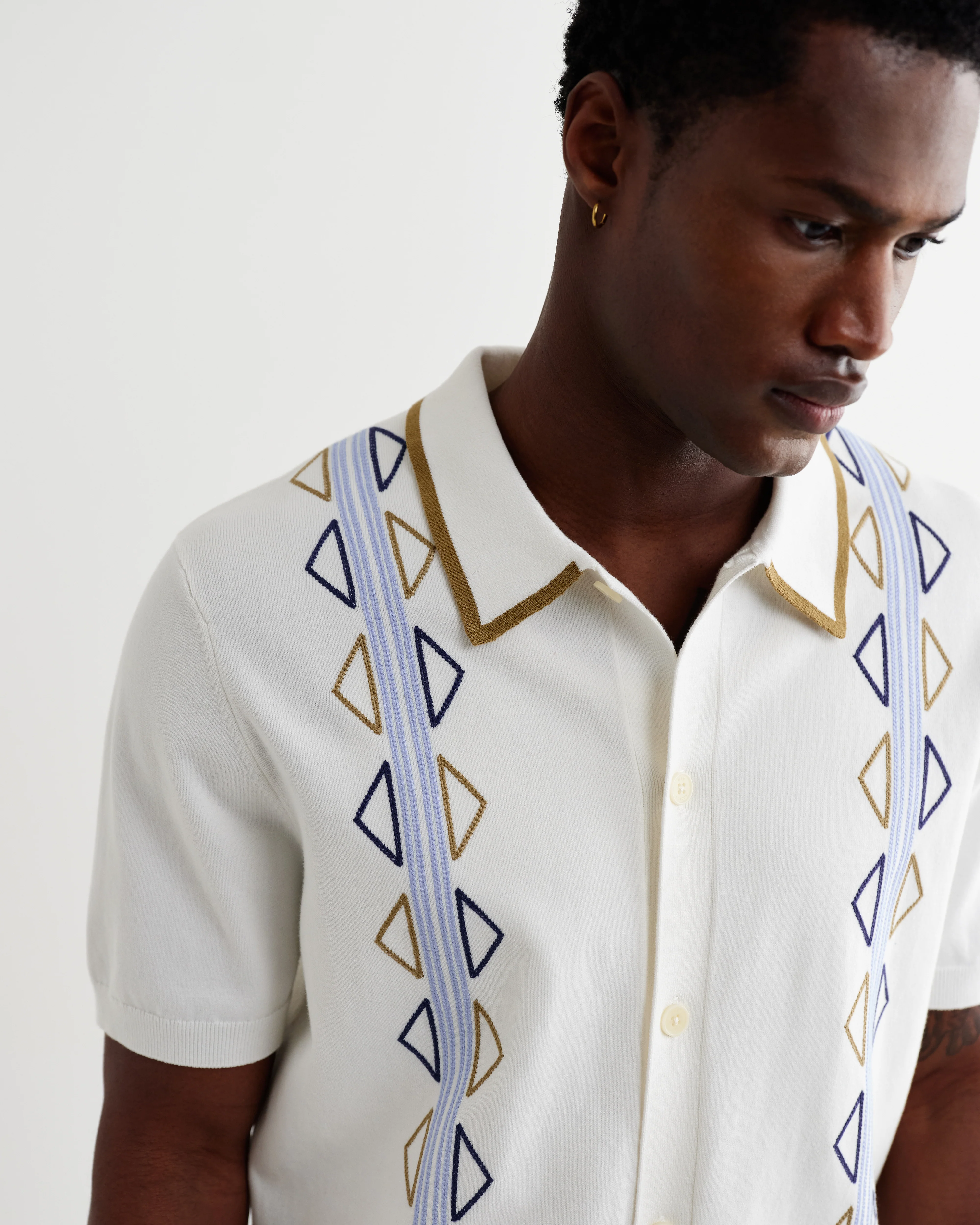 Tellaro - Ecru And Blue Retro Embroidered Shirt - Image 5