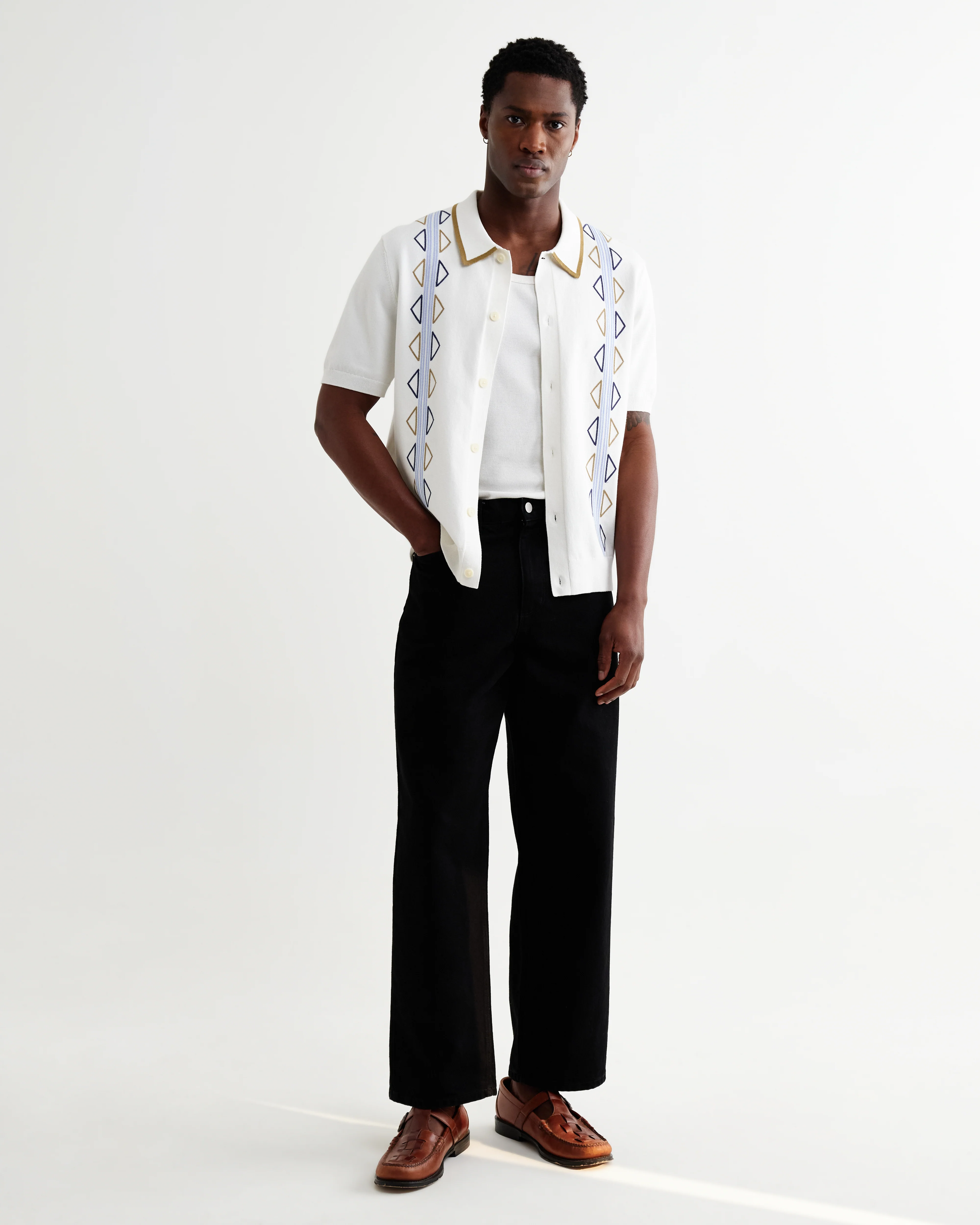 Tellaro - Ecru And Blue Retro Embroidered Shirt - Image 6