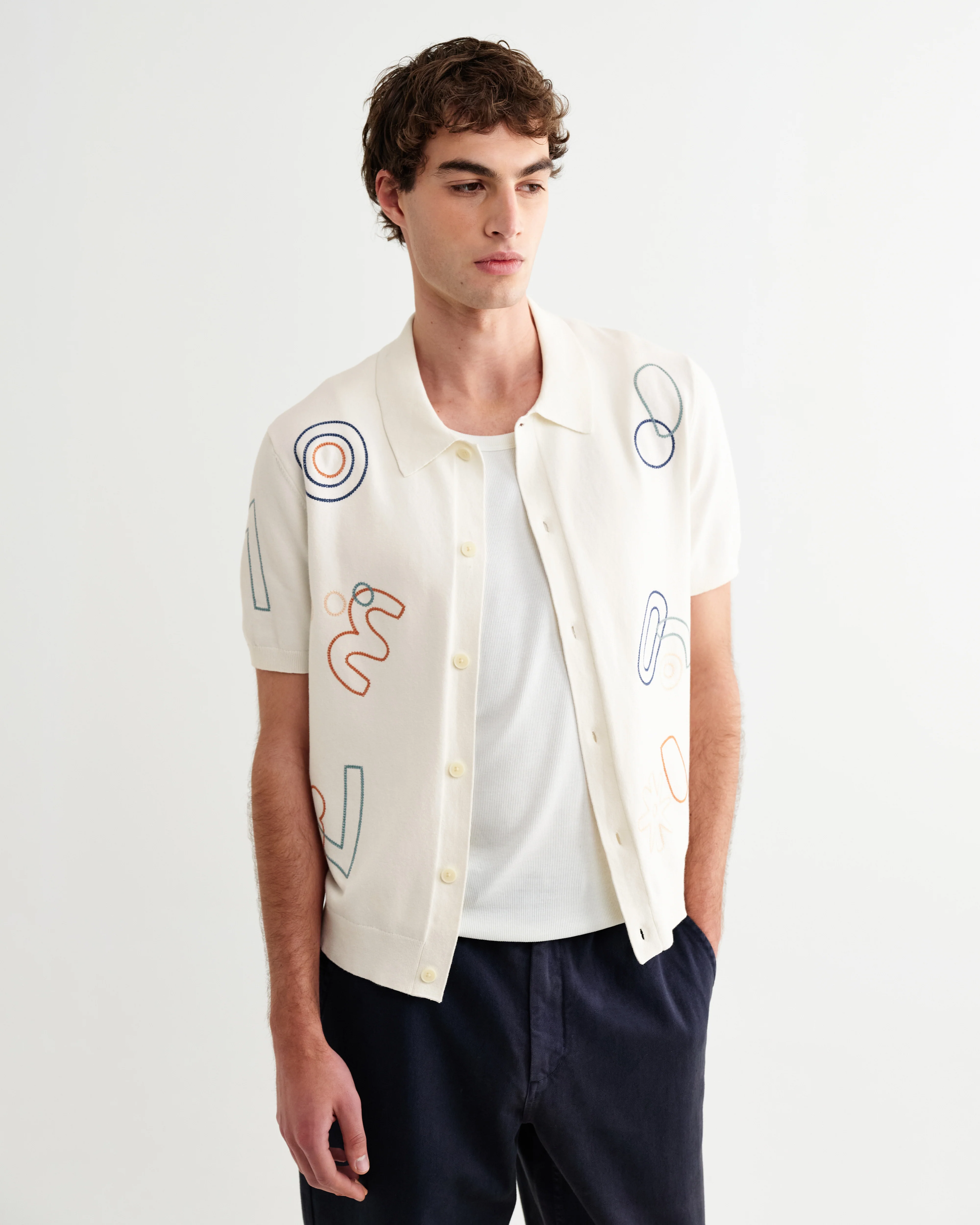 Tellaro - Ecru And Multicolour Shapes Embroidered Shirt - Image 2
