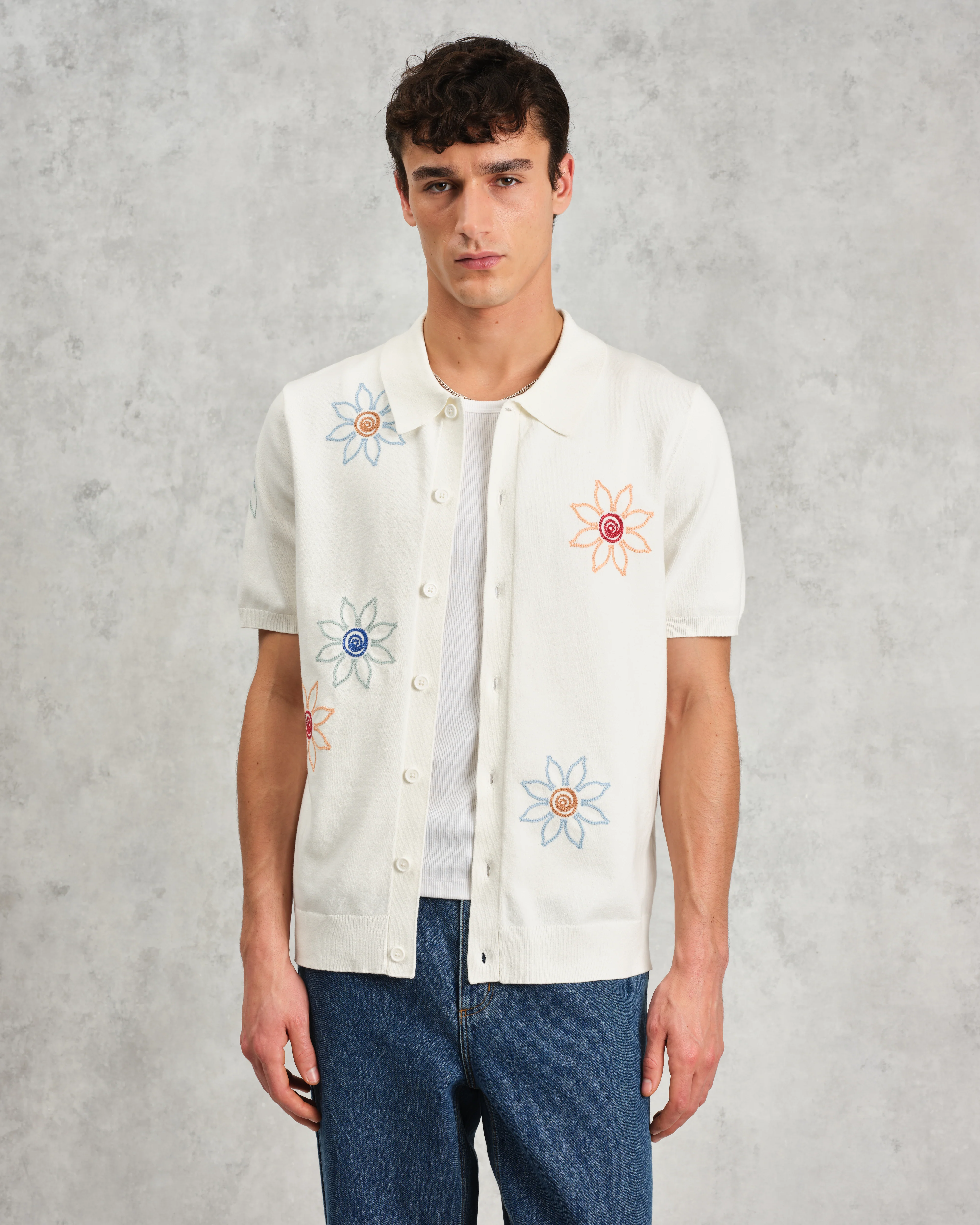 Tellaro - Ecru Embroidered Knitted Cotton Polo Shirt - Image 2