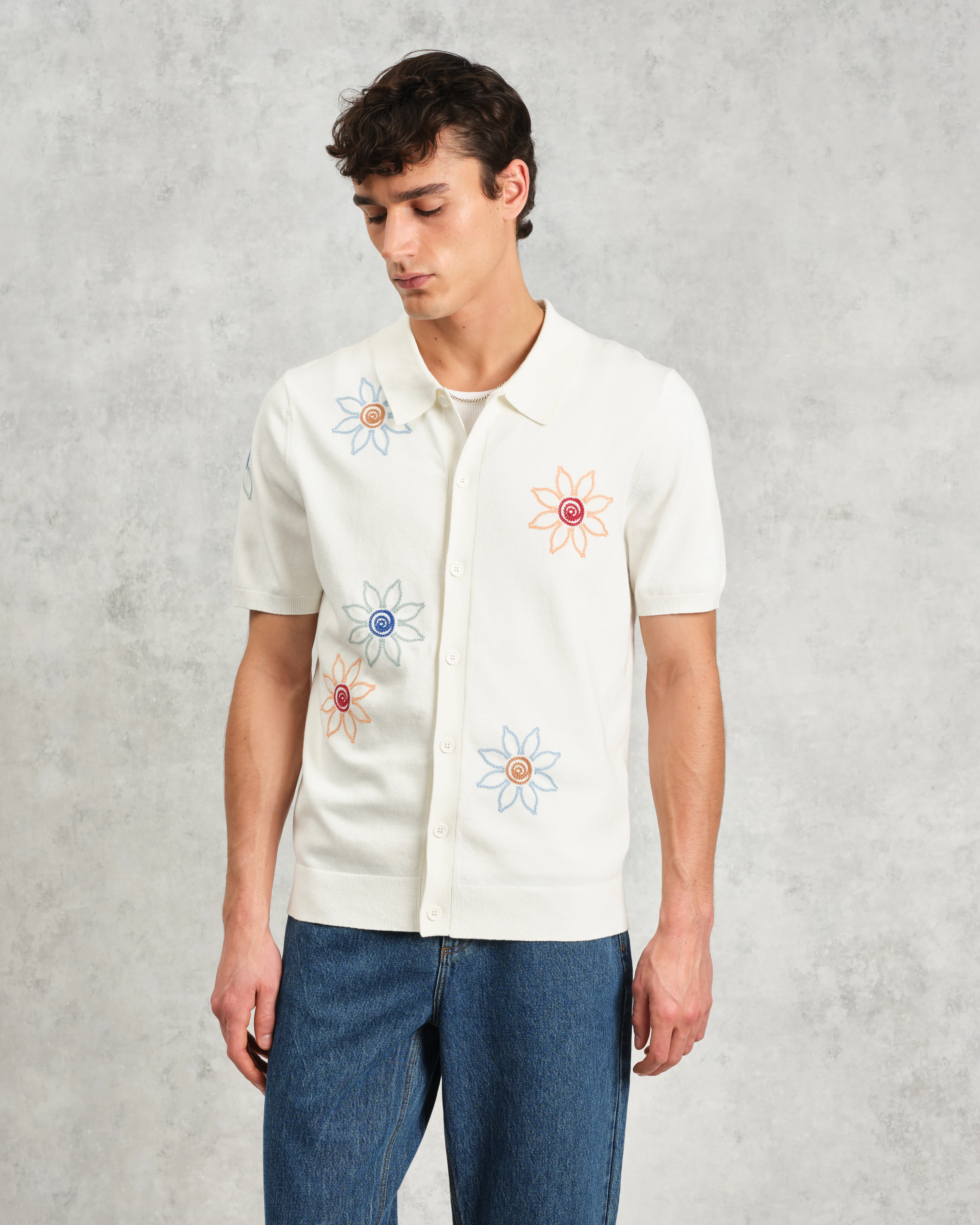 Tellaro - Ecru Embroidered Knitted Cotton Polo Shirt - Image 3