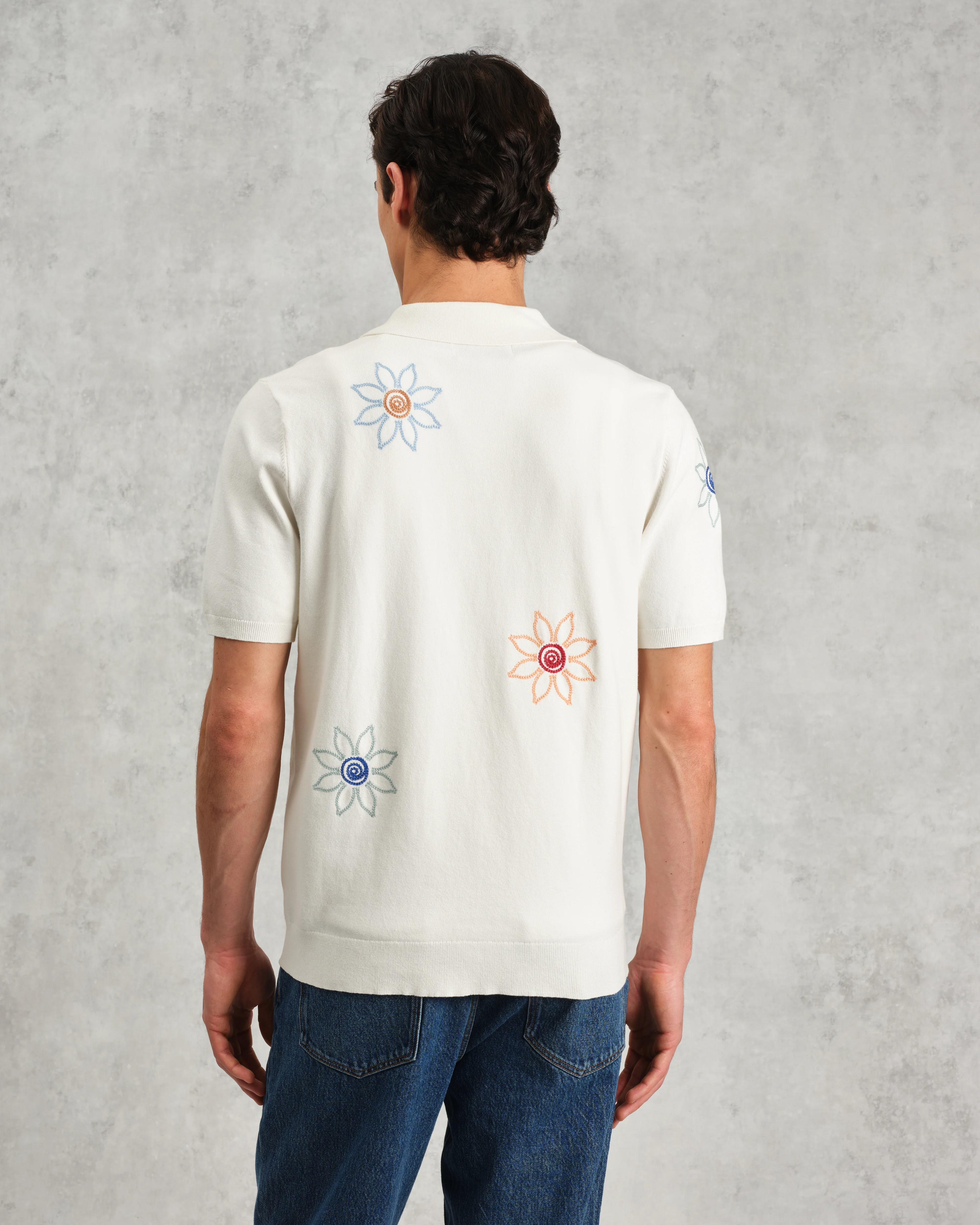 Tellaro - Ecru Embroidered Knitted Cotton Polo Shirt - Image 7