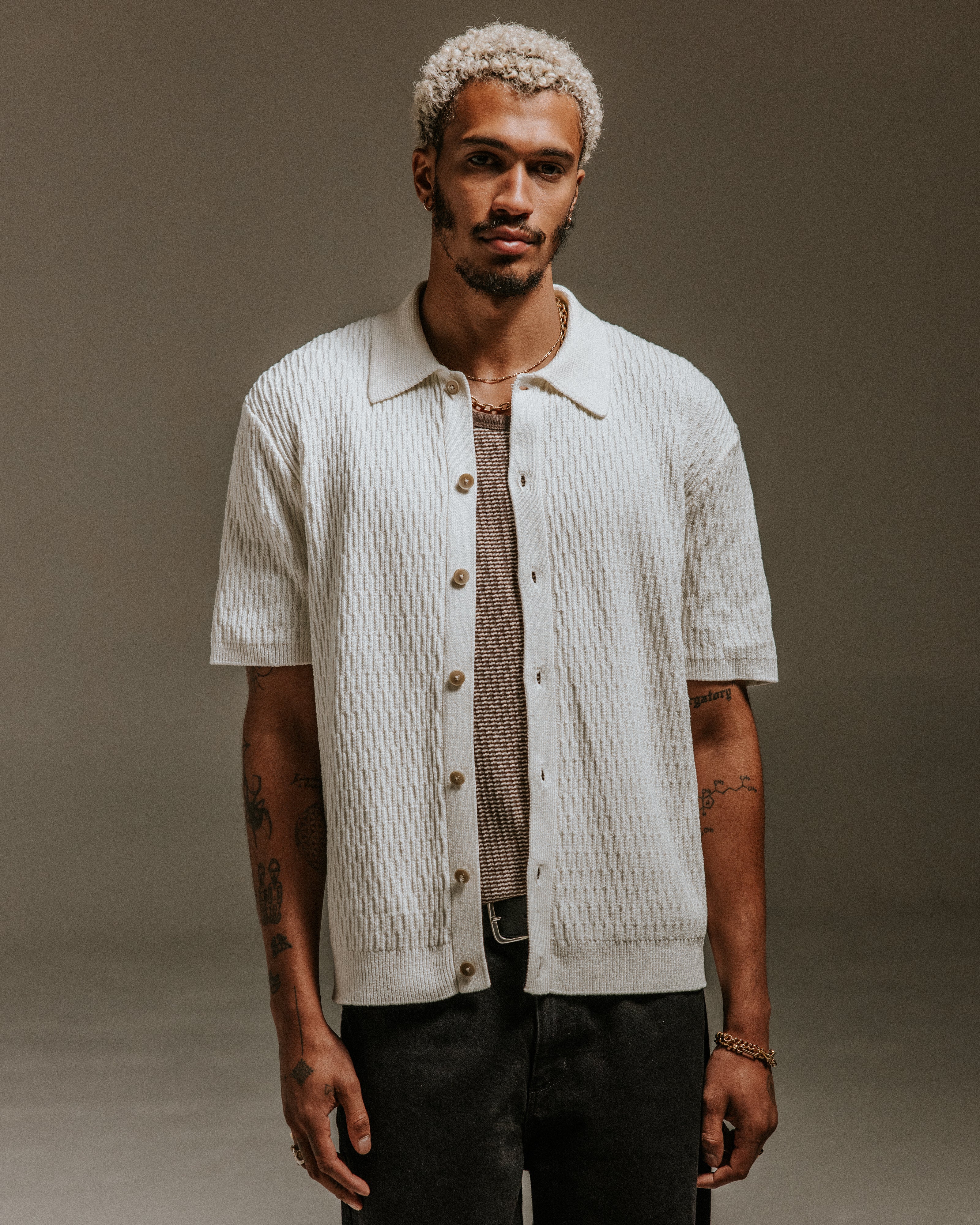 Tellaro - Ecru Honeycomb Knitted Cotton Polo Shirt - Image 2
