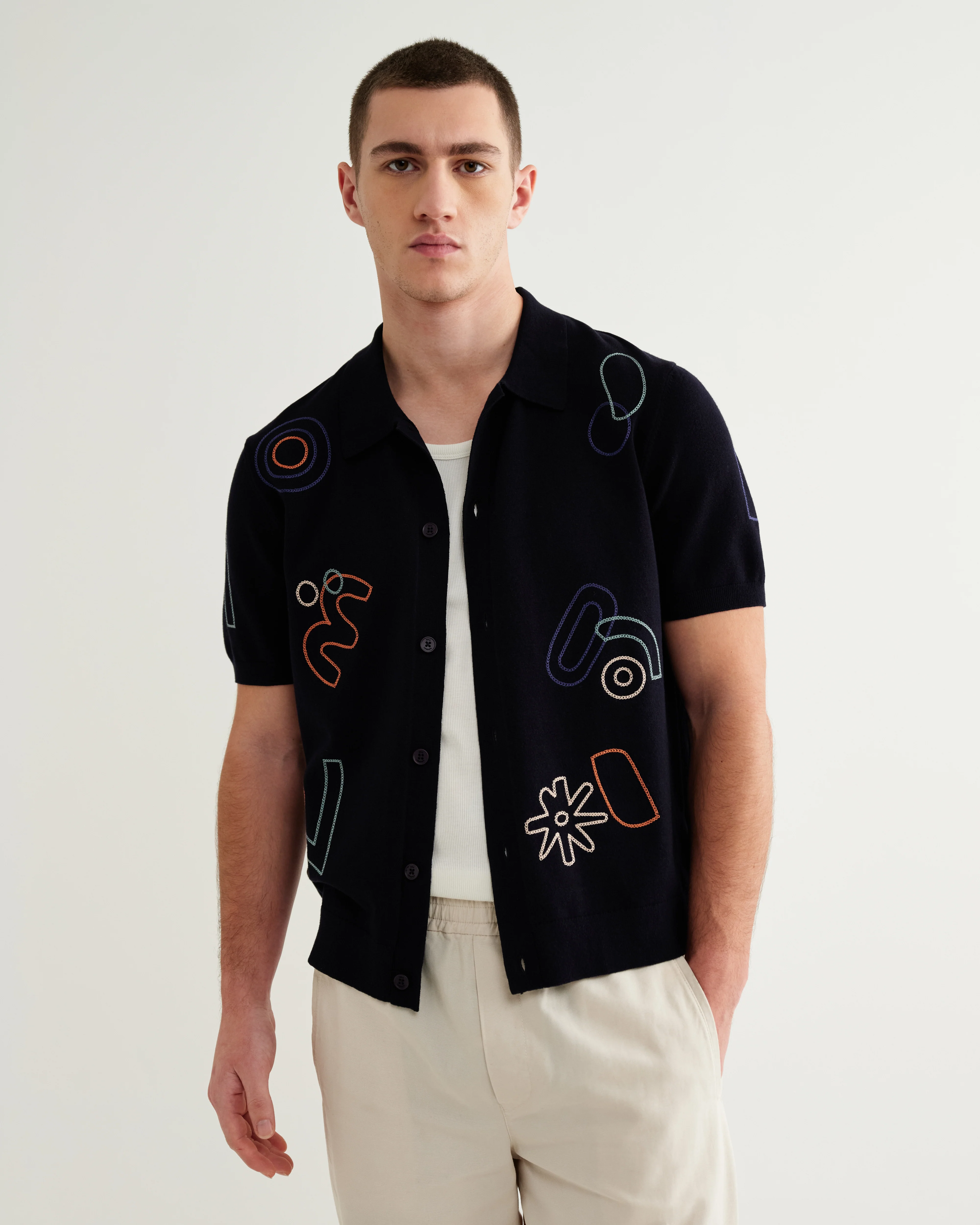 Tellaro - Navy And Multicolour Shapes Embroidered Shirt - Image 2