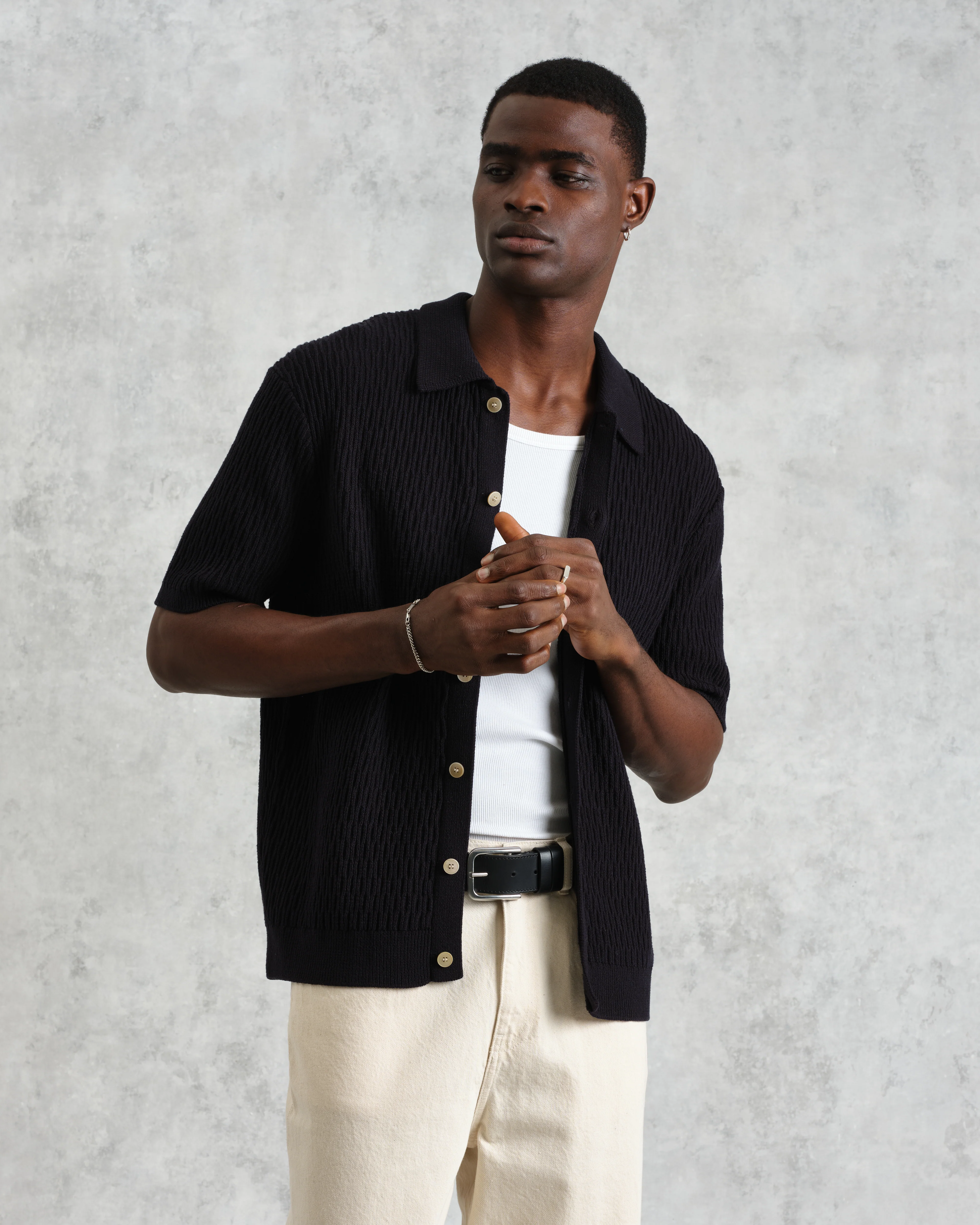 Tellaro - Navy Honeycomb Knitted Cotton Polo Shirt - Image 2