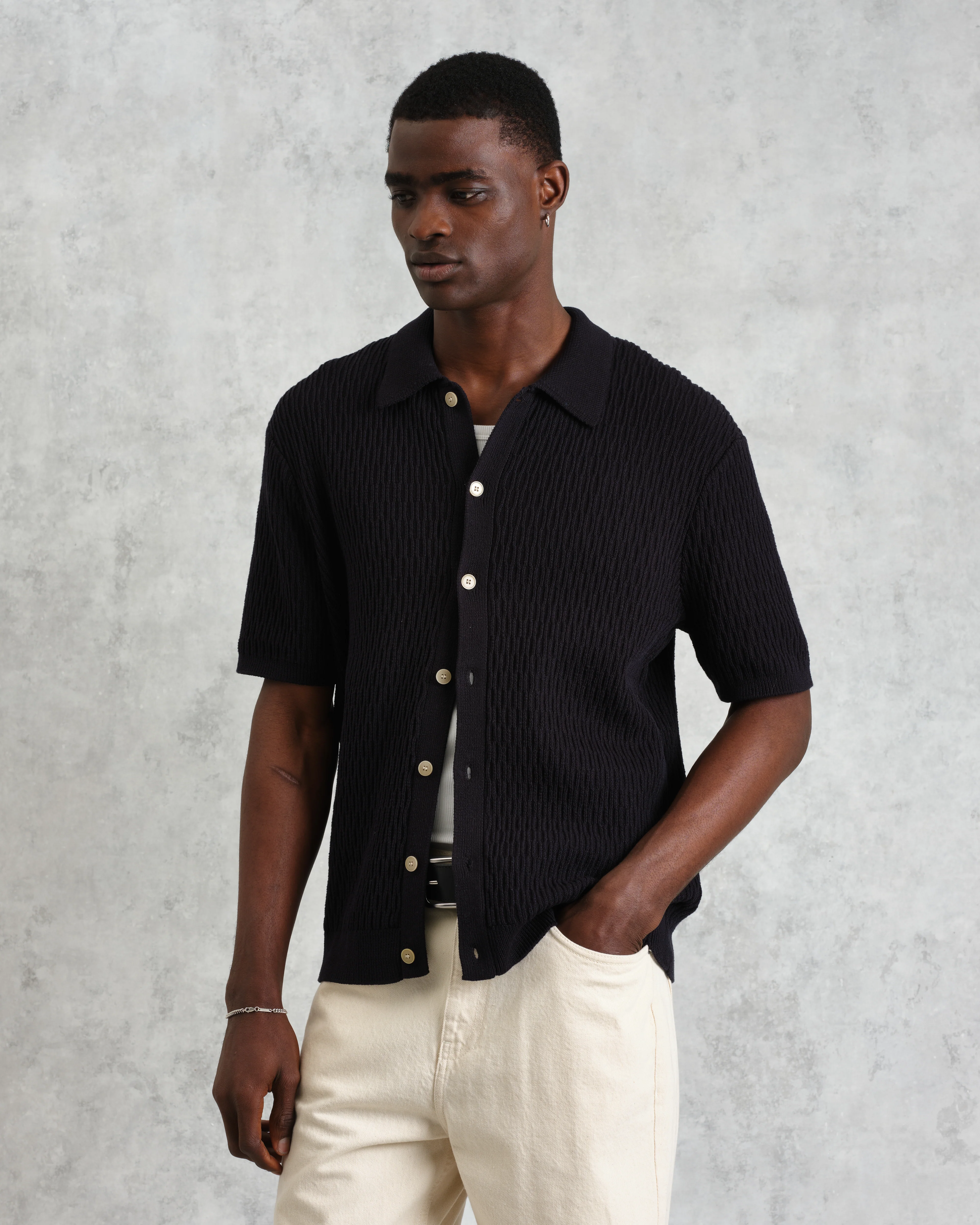 Tellaro - Navy Honeycomb Knitted Cotton Polo Shirt - Image 4