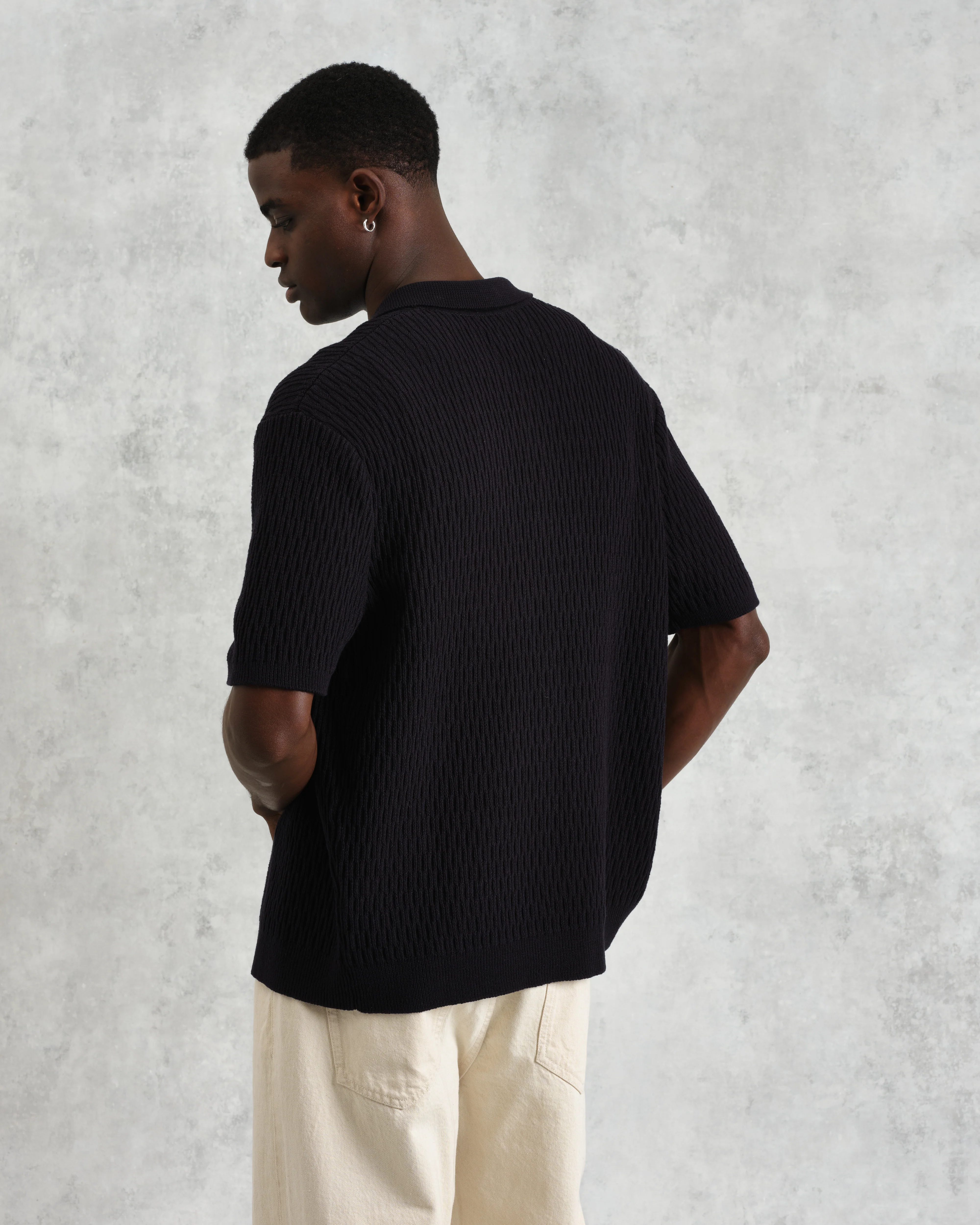Tellaro - Navy Honeycomb Knitted Cotton Polo Shirt - Image 6