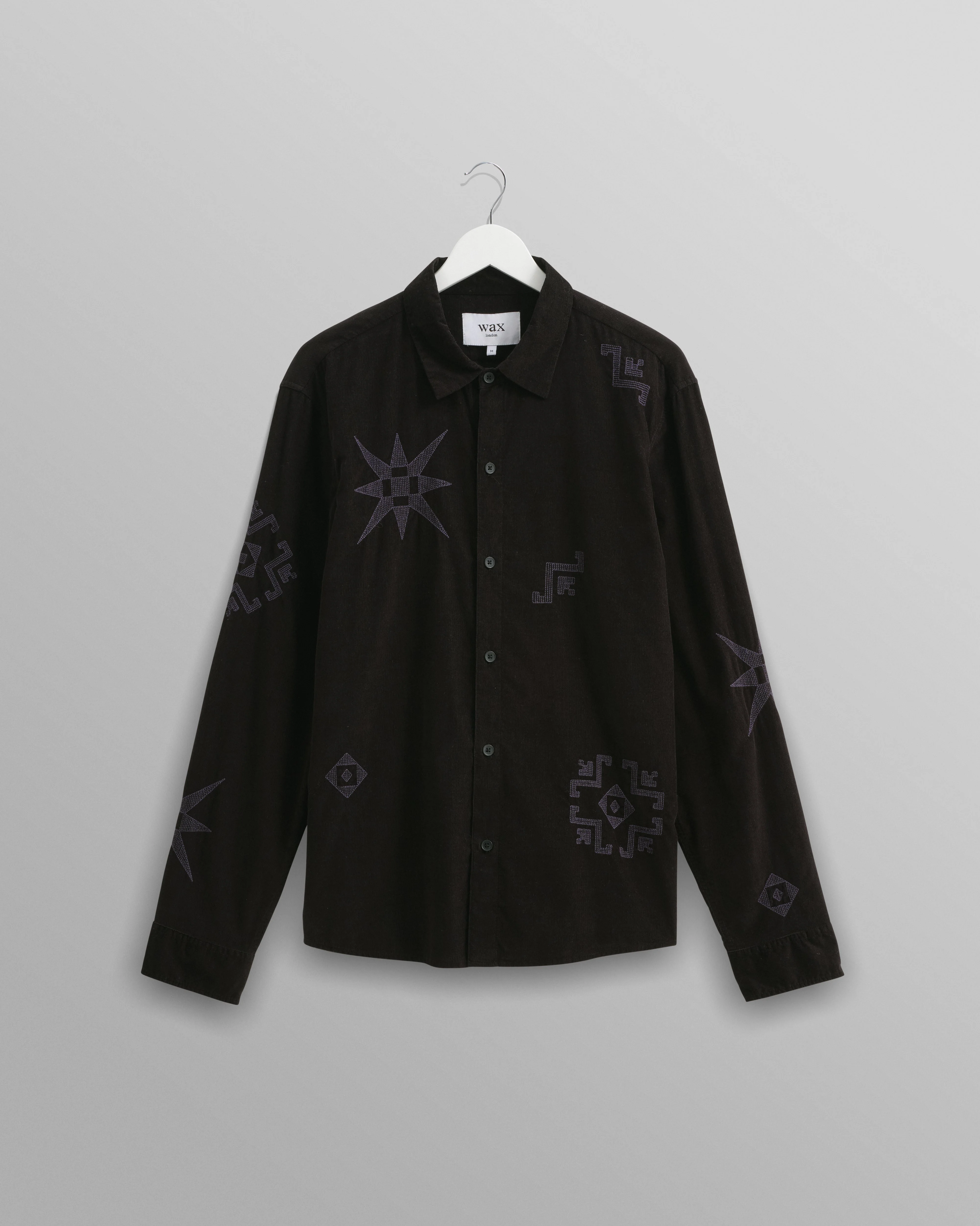 Trin - Black Geometrical Embroidered Corduroy Shirt