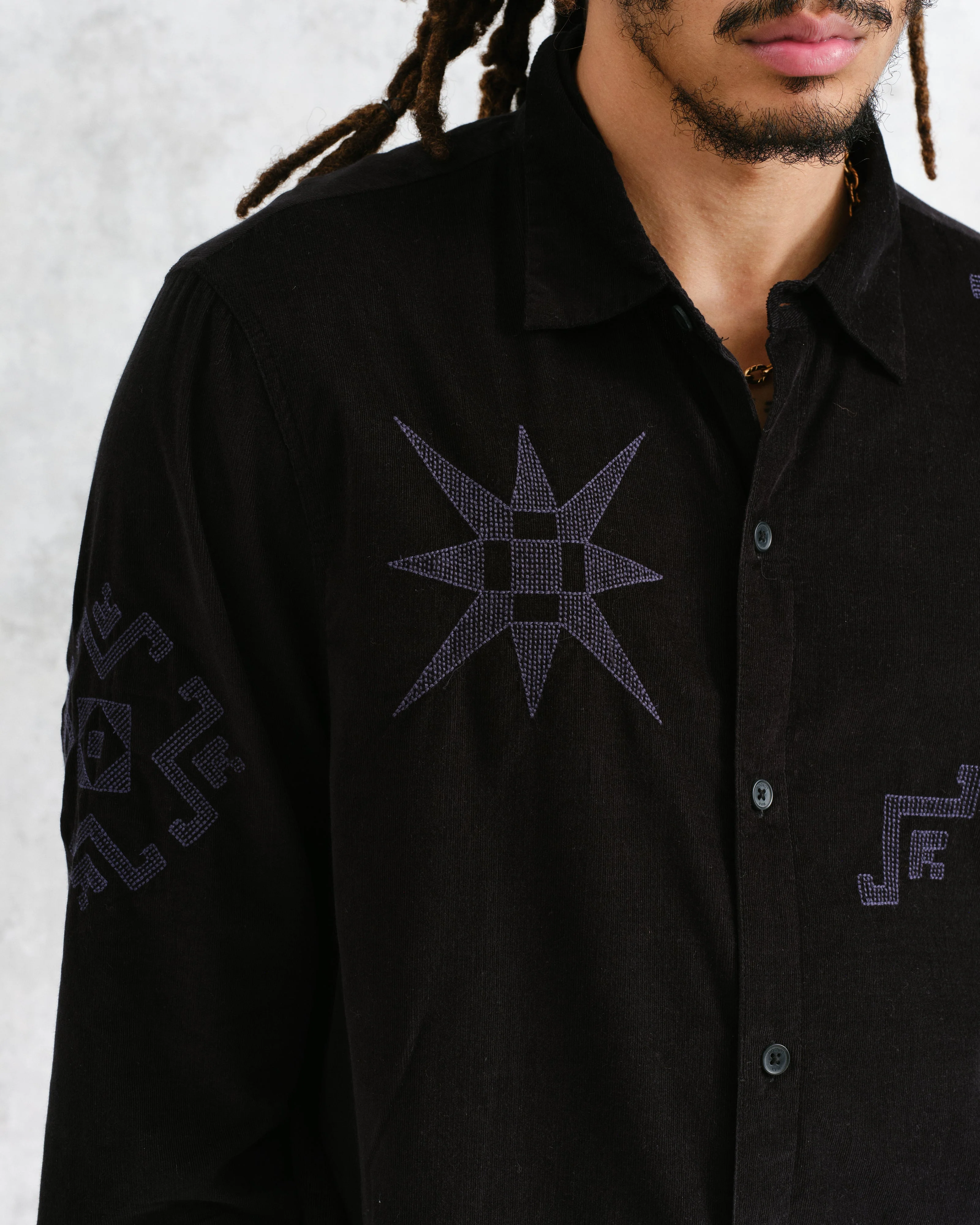 Trin - Black Geometrical Embroidered Corduroy Shirt - Image 3
