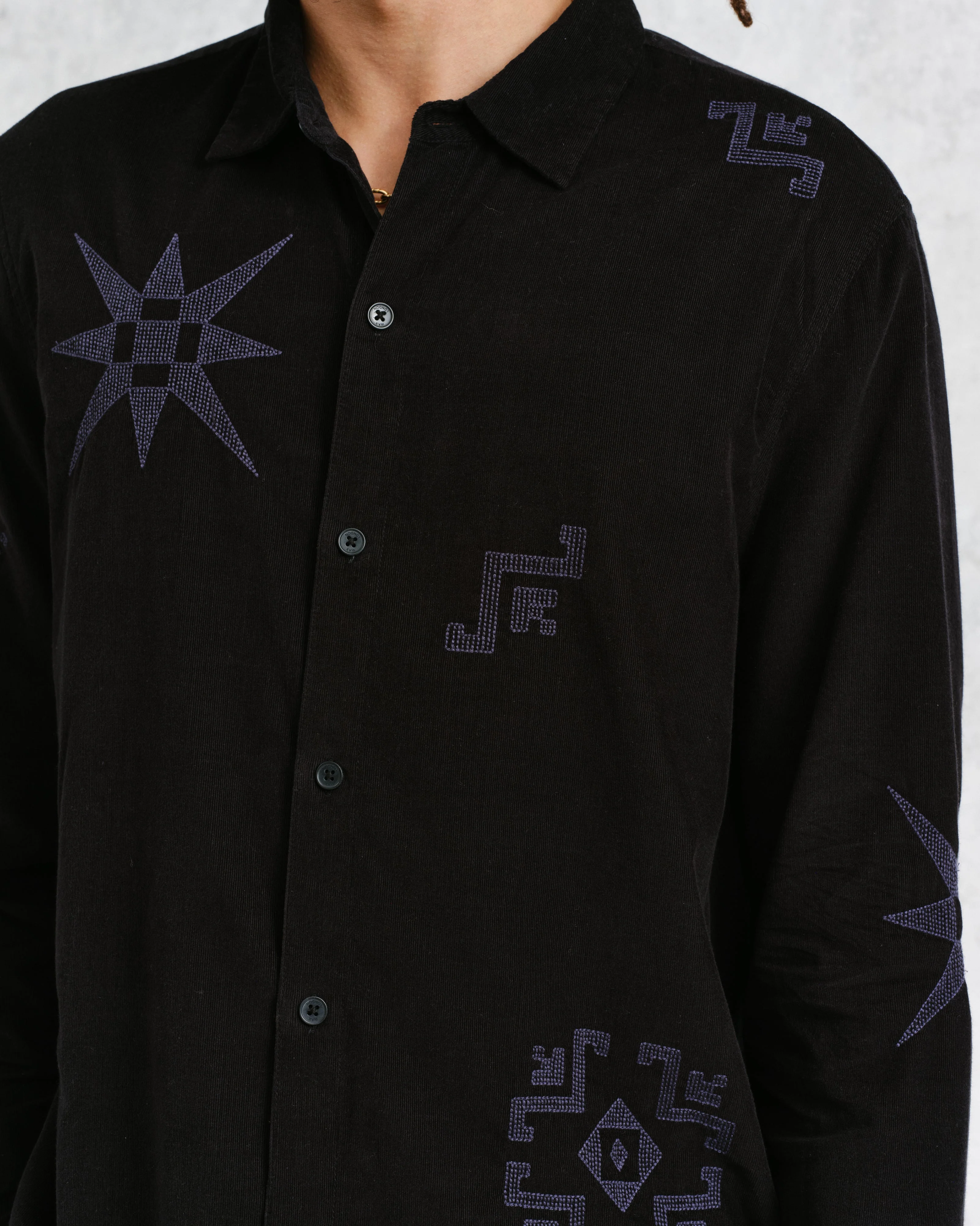 Trin - Black Geometrical Embroidered Corduroy Shirt - Image 4