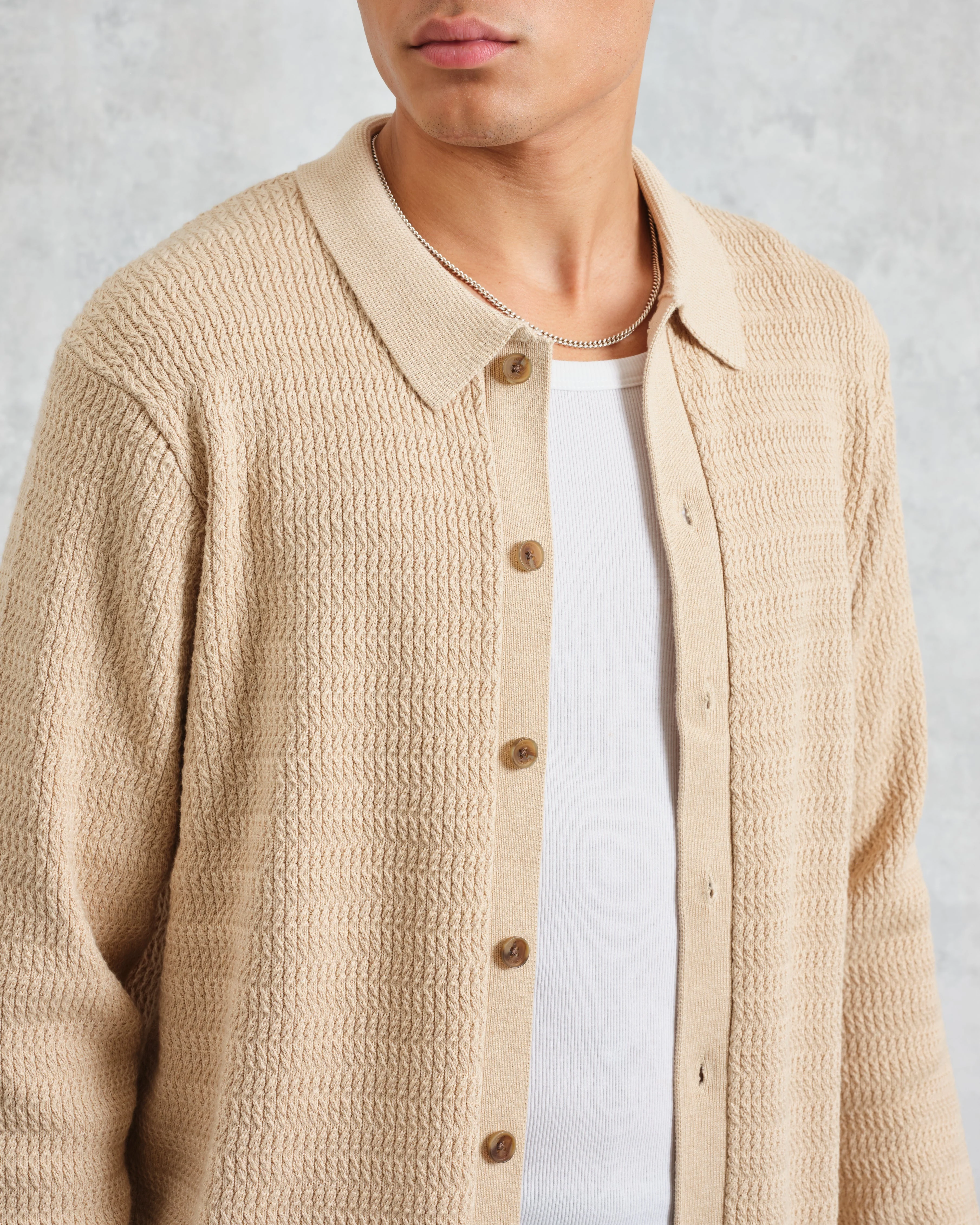 Tristan - Sand Cable Stitch Knitted Shirt - Image 3