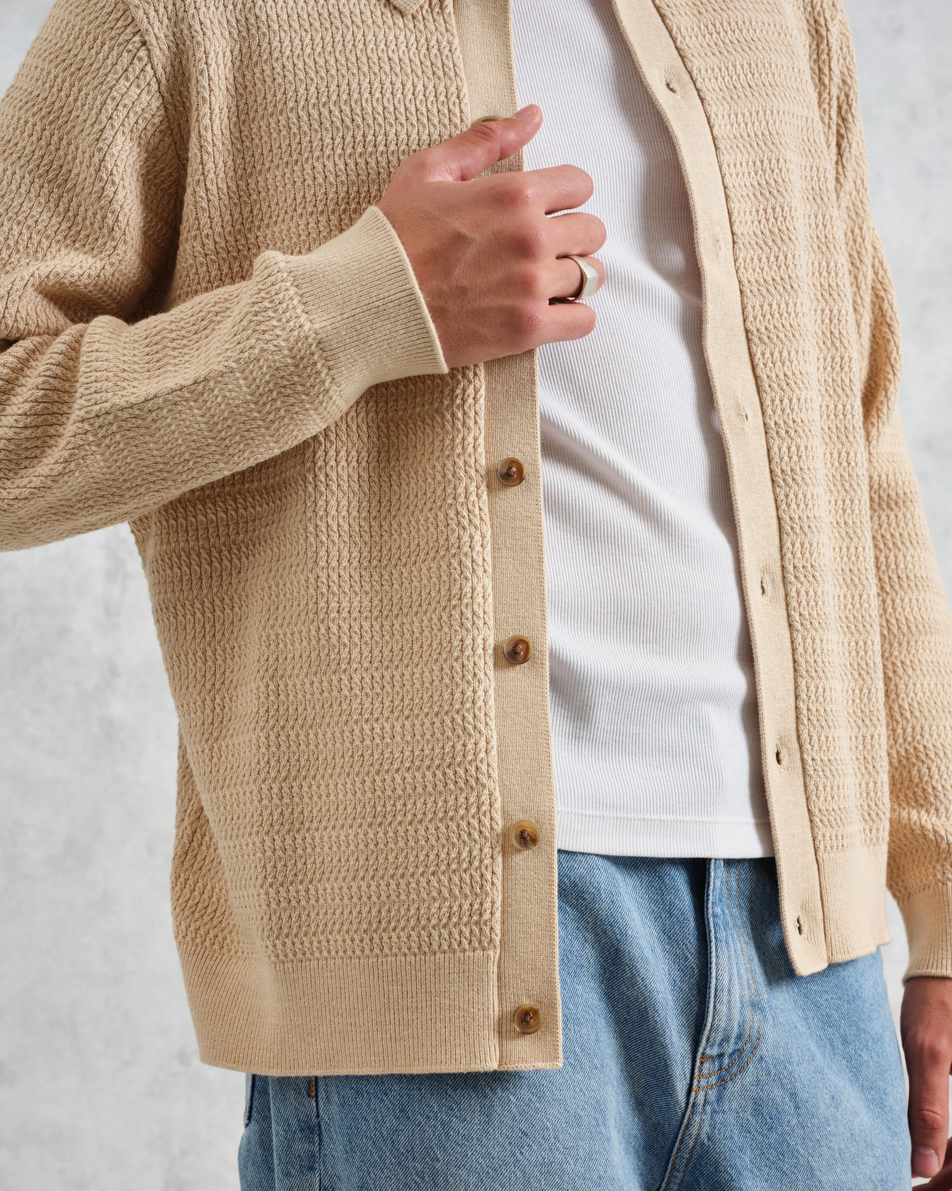 Tristan - Sand Cable Stitch Knitted Shirt - Image 4