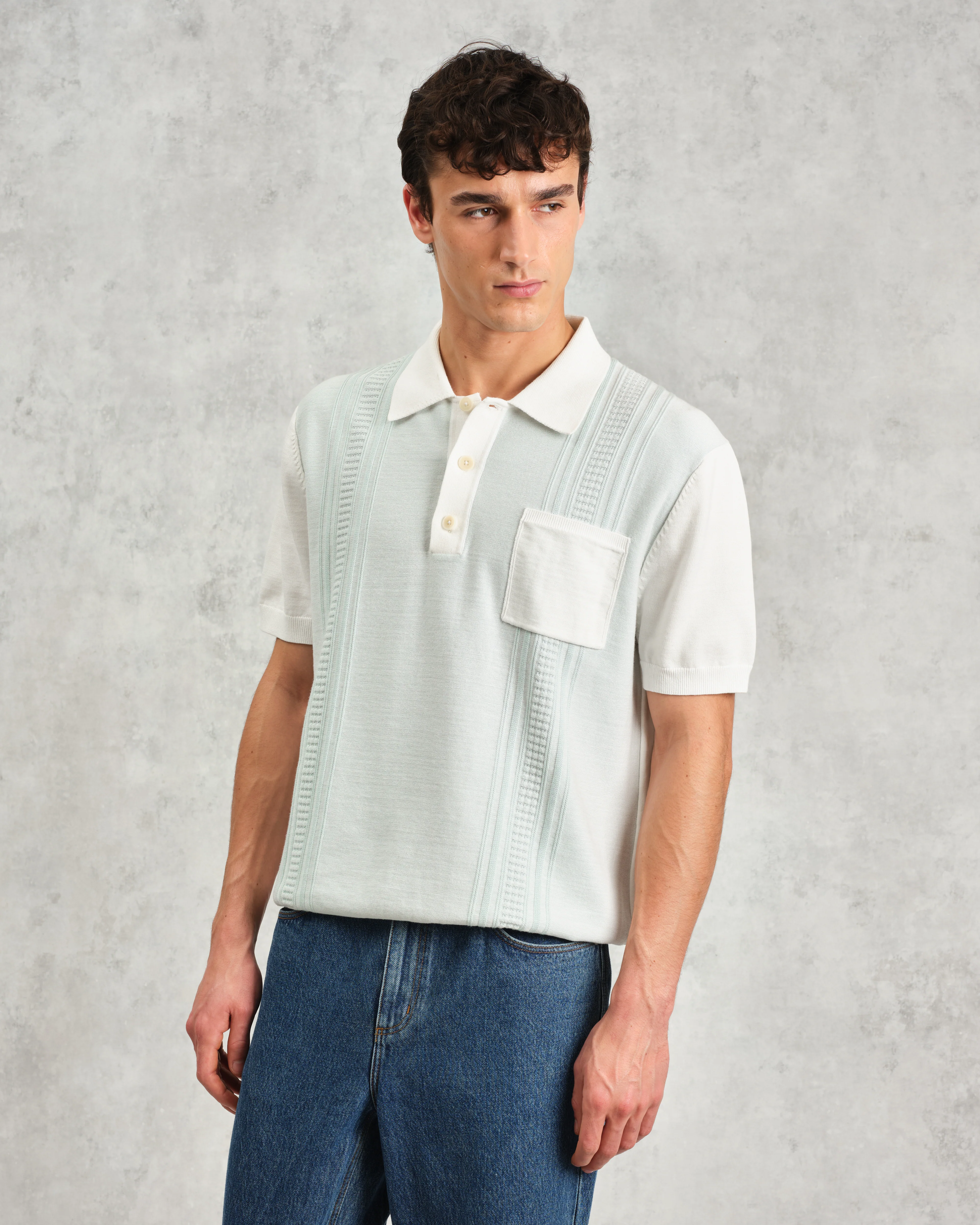 Turin - Blue And Ecru Retro Stripe Knitted Cotton Polo - Image 3