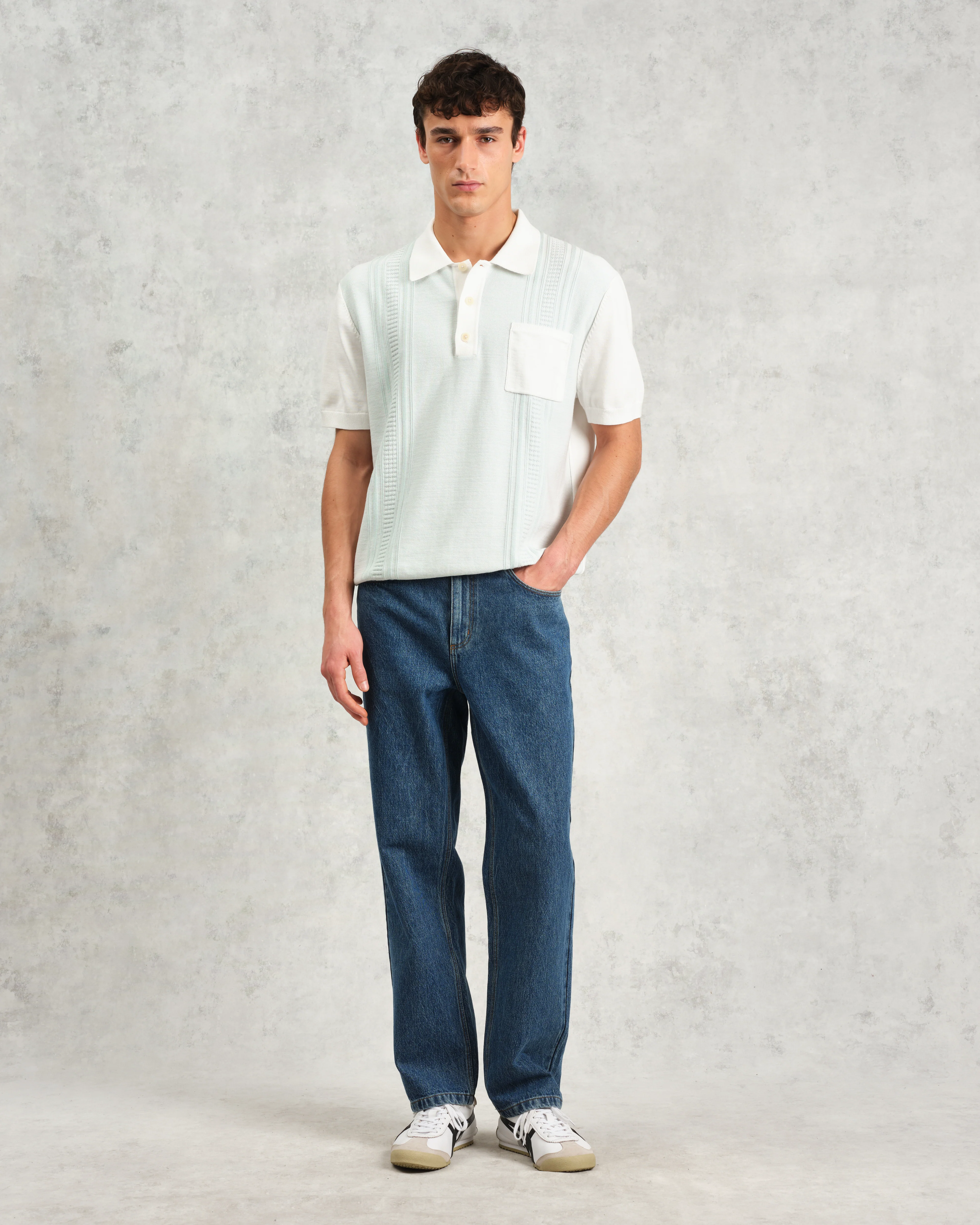 Turin - Blue And Ecru Retro Stripe Knitted Cotton Polo - Image 5