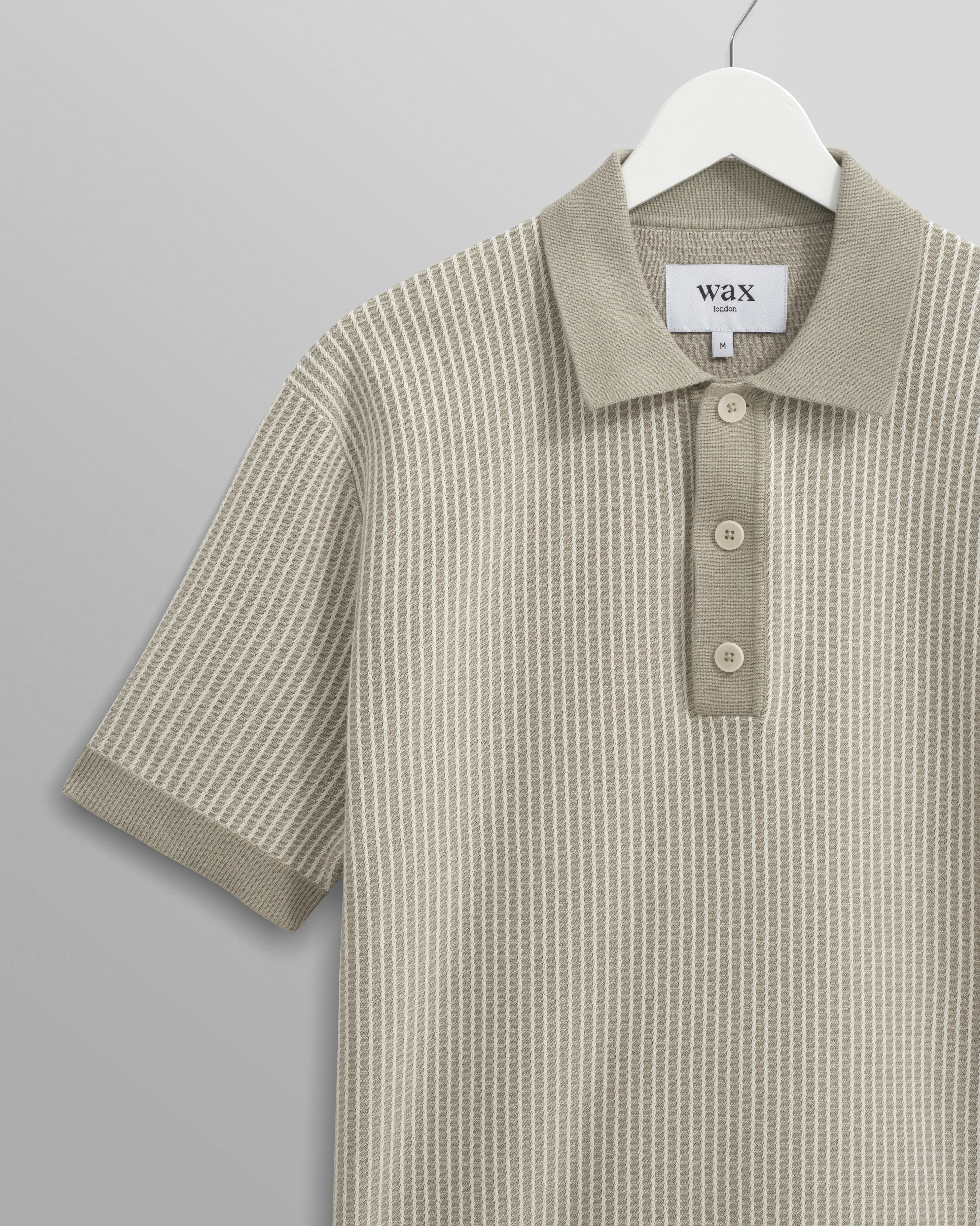 Turin - Light Khaki Ladder Stripe Knitted Cotton Polo - Image 10