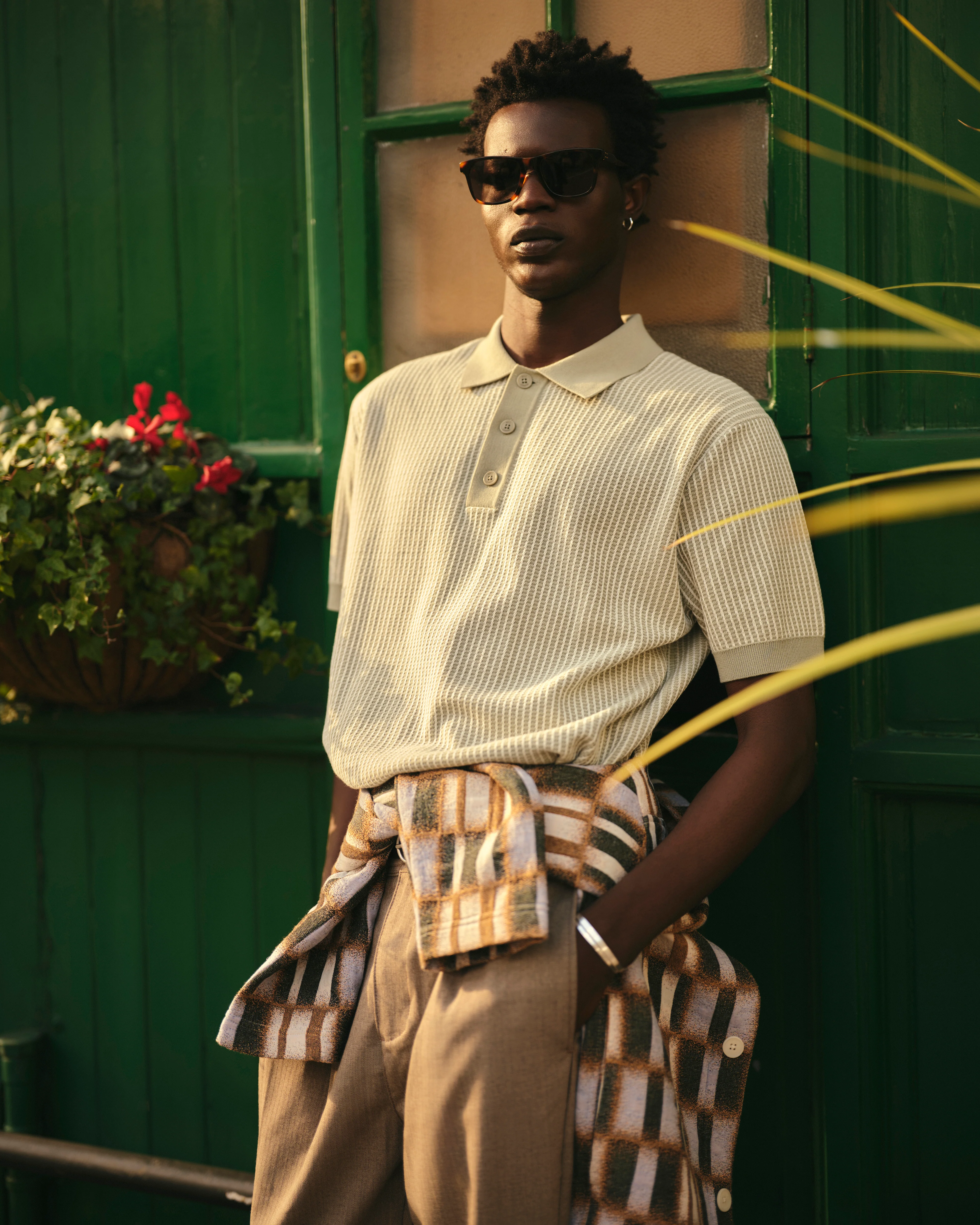 Turin - Light Khaki Ladder Stripe Knitted Cotton Polo - Image 2