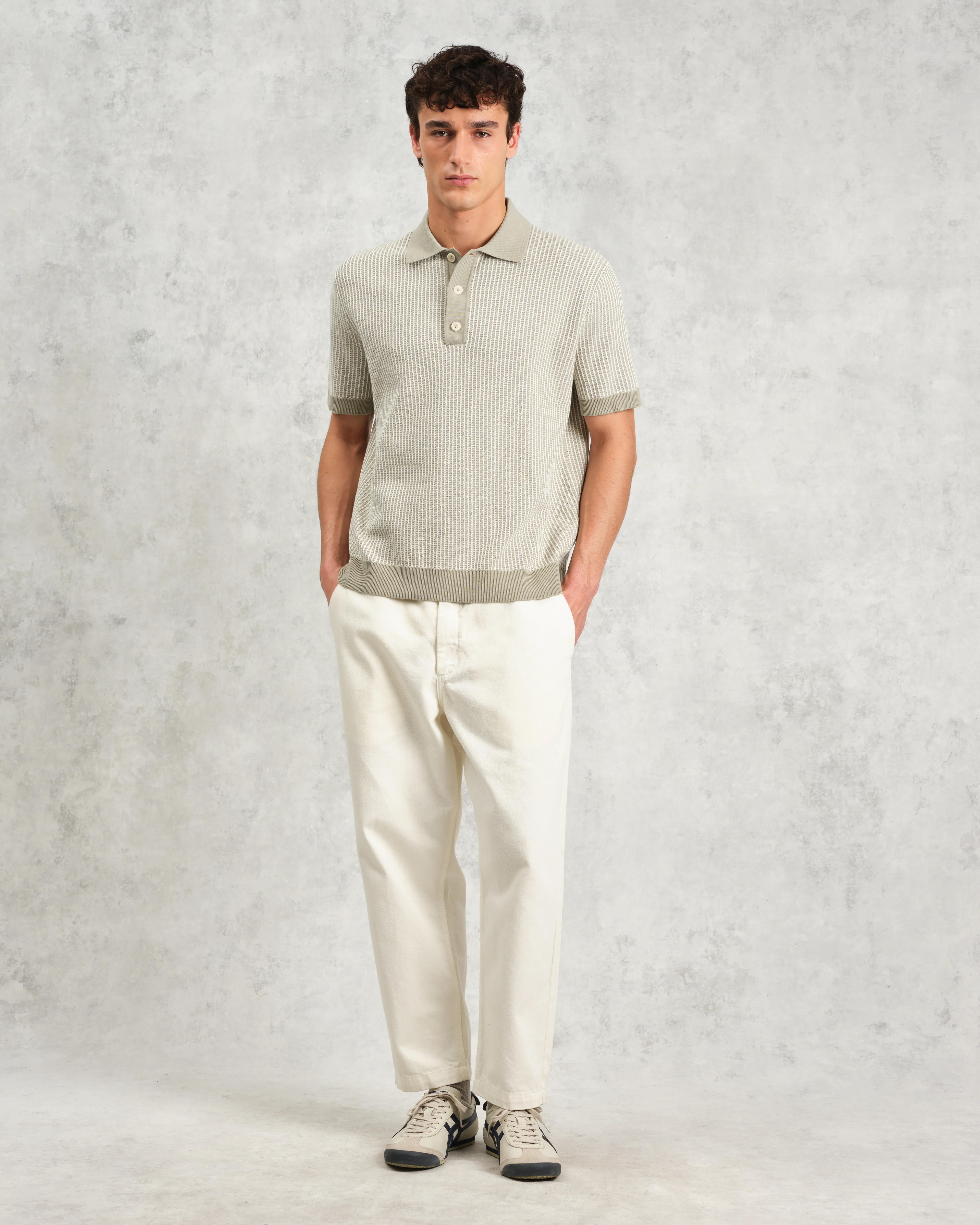 Turin - Light Khaki Ladder Stripe Knitted Cotton Polo - Image 6