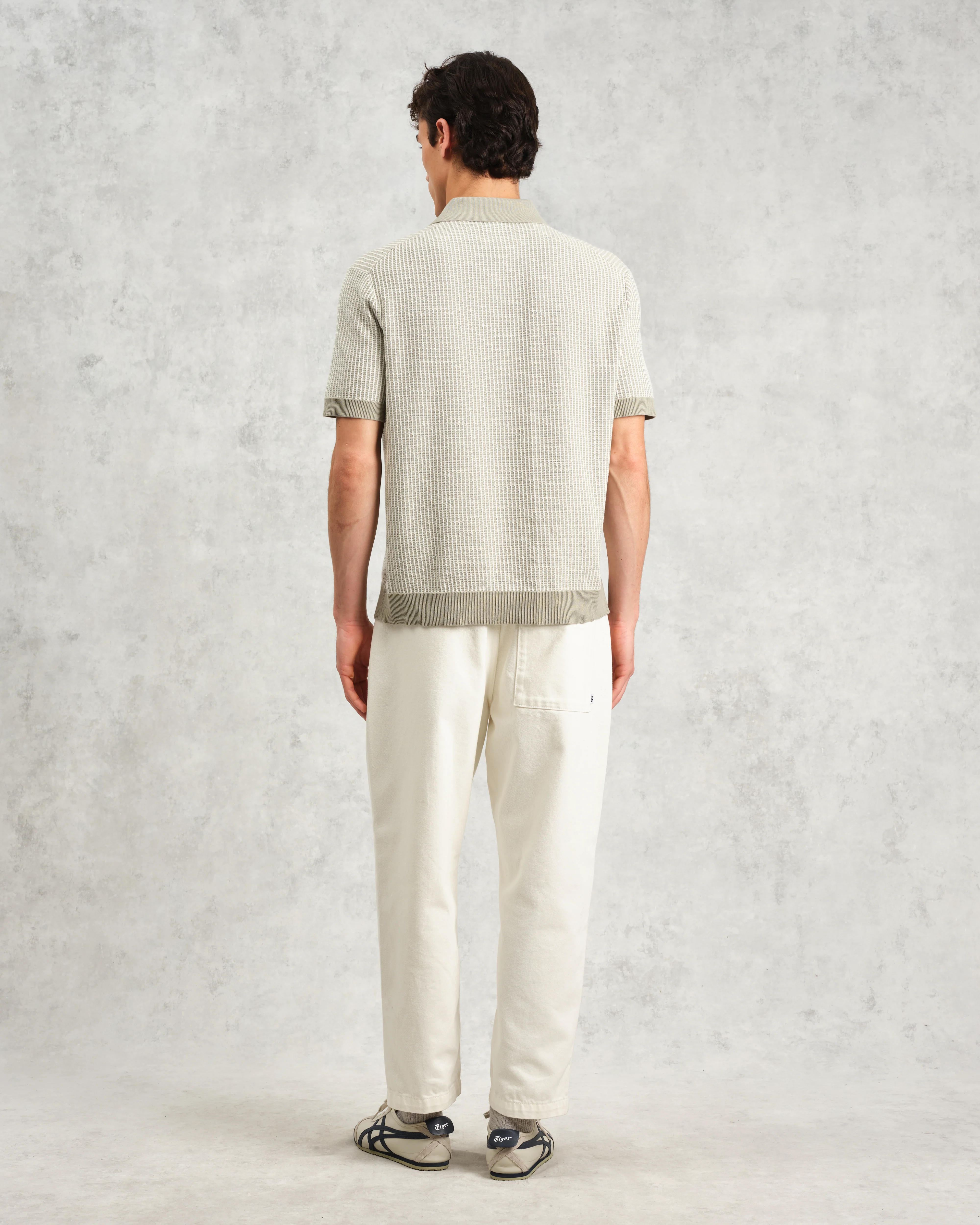 Turin - Light Khaki Ladder Stripe Knitted Cotton Polo - Image 8