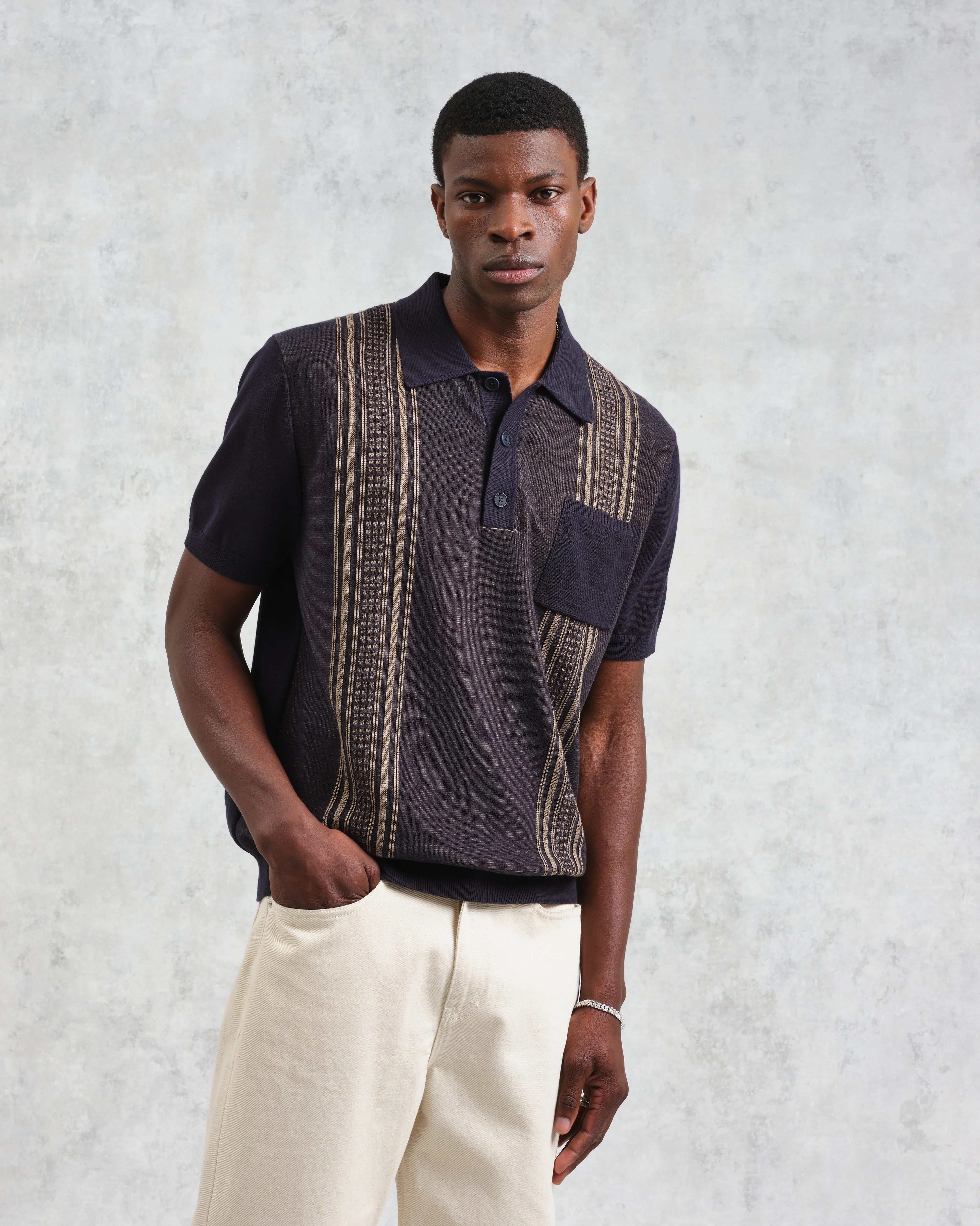 Turin - Navy And Khaki Retro Stripe Knitted Cotton Polo - Image 2