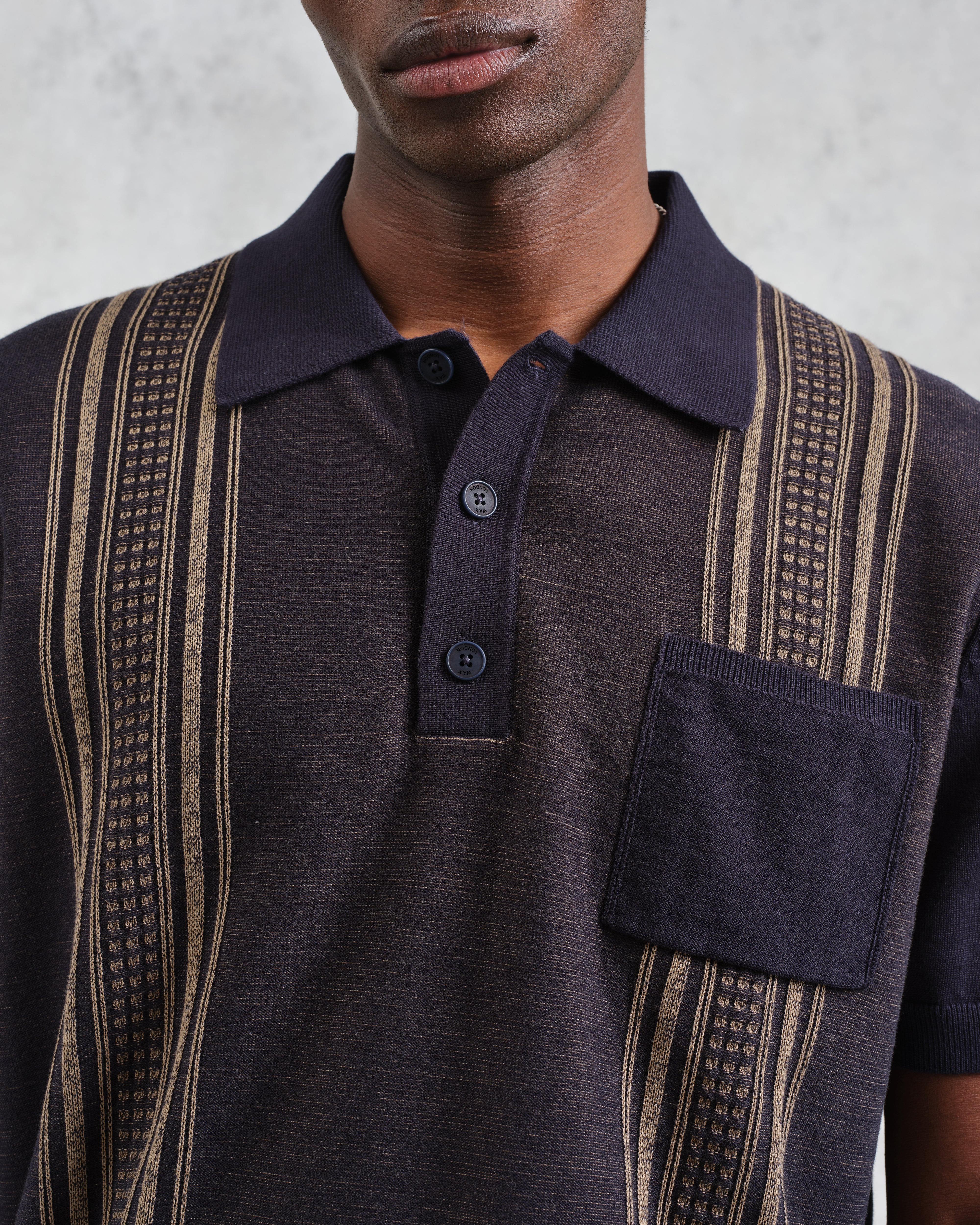 Turin - Navy And Khaki Retro Stripe Knitted Cotton Polo - Image 3