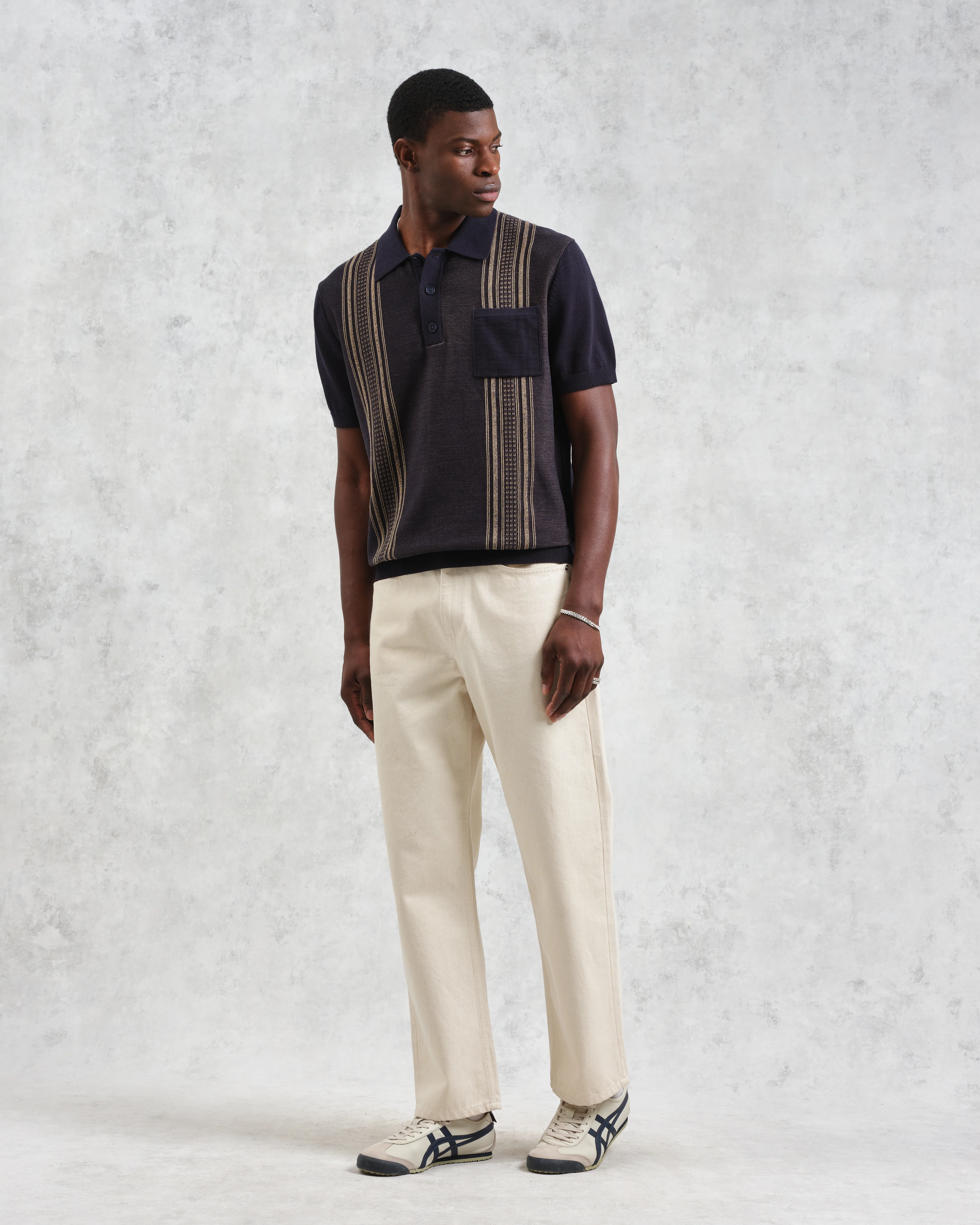 Turin - Navy And Khaki Retro Stripe Knitted Cotton Polo - Image 4