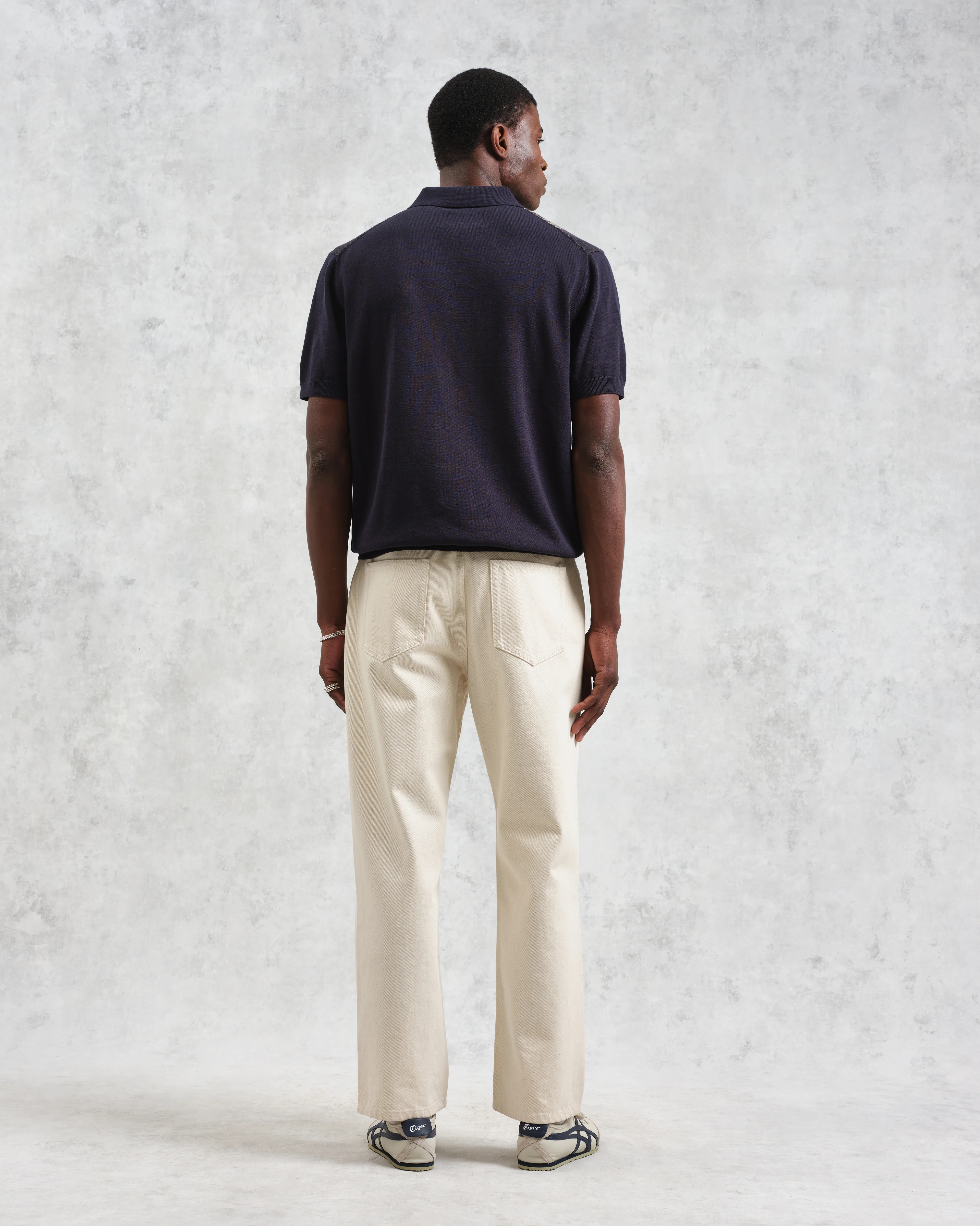 Turin - Navy And Khaki Retro Stripe Knitted Cotton Polo - Image 5