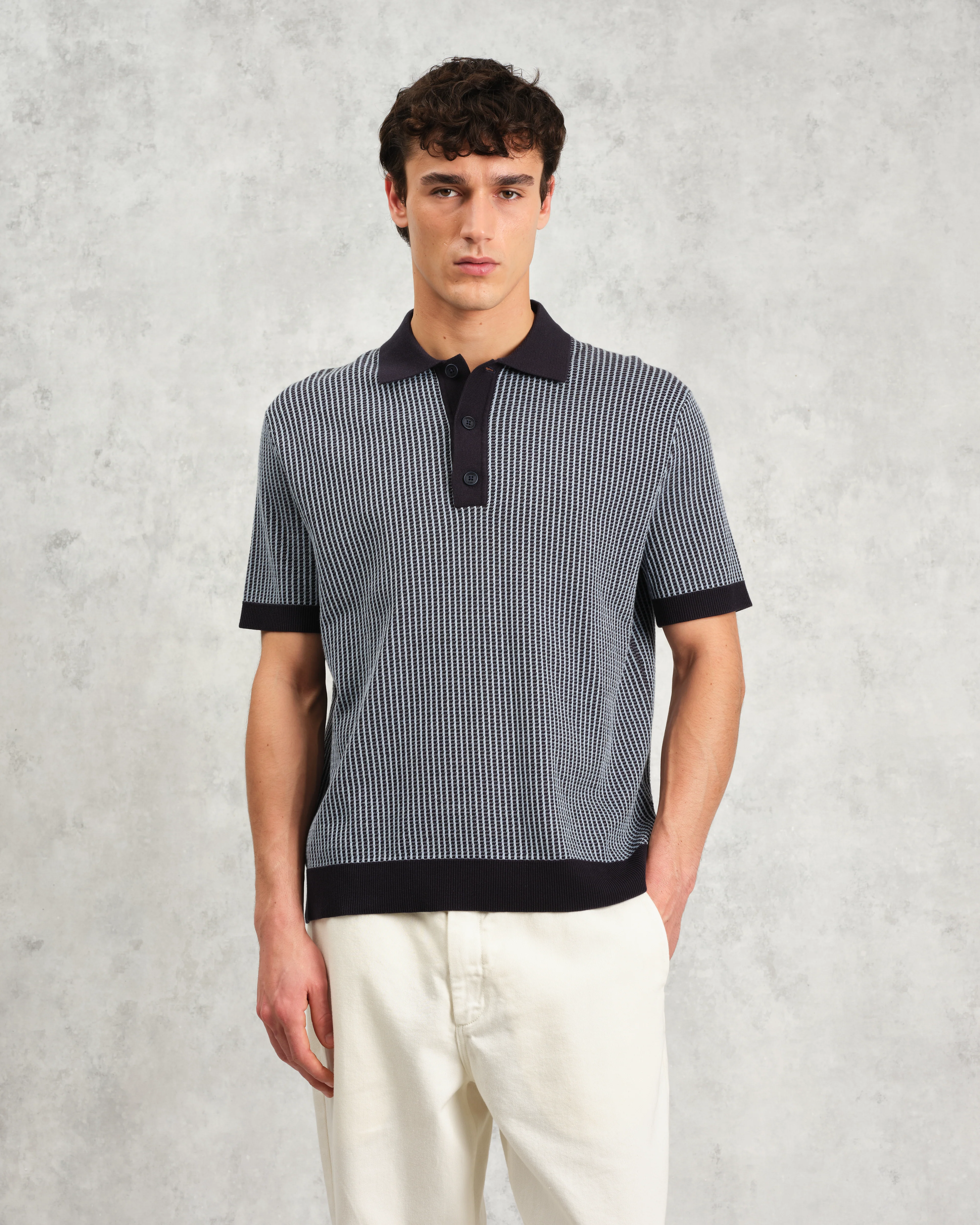 Turin - Navy Ladder Stripe Knitted Cotton Polo - Image 3