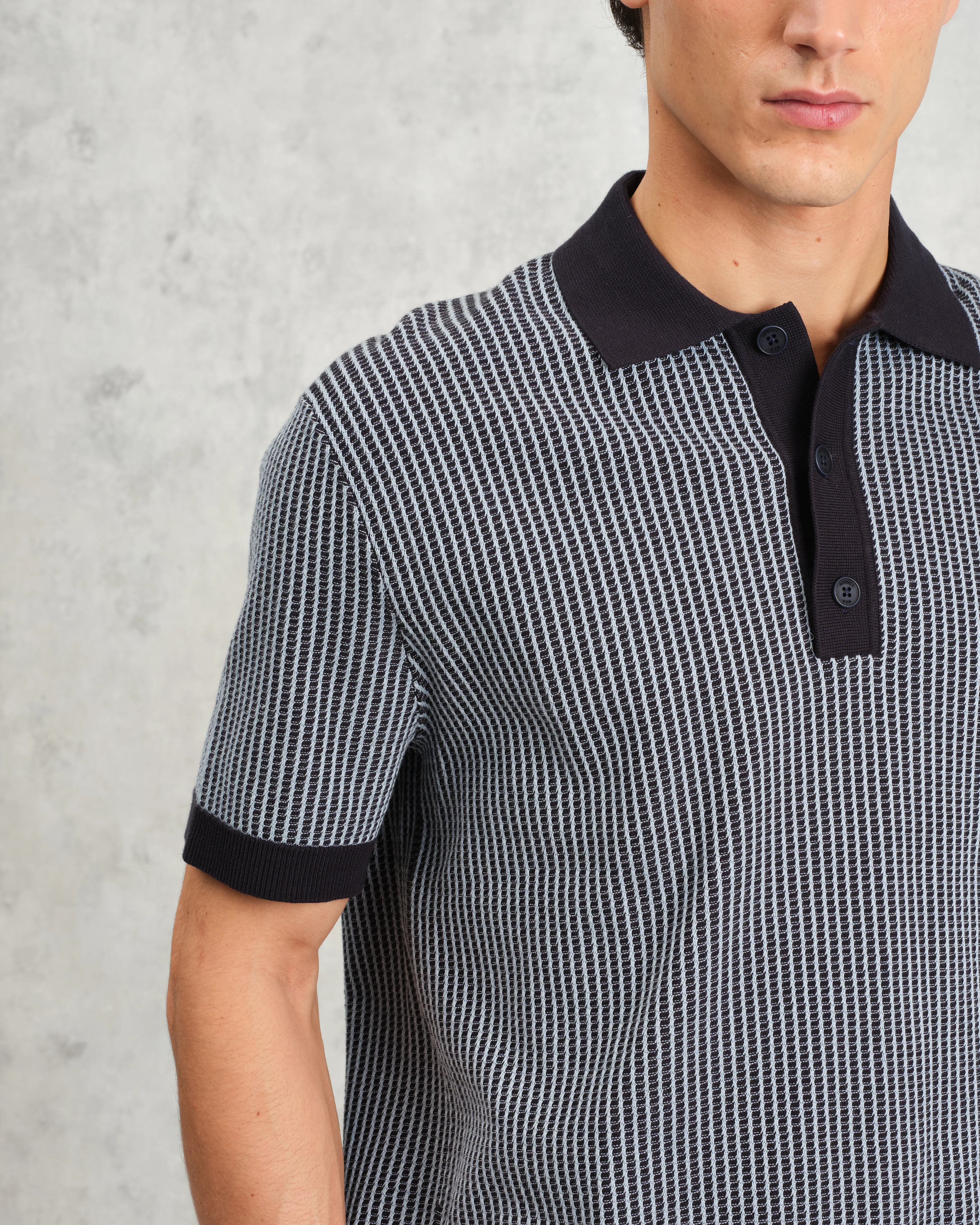 Turin - Navy Ladder Stripe Knitted Cotton Polo - Image 4